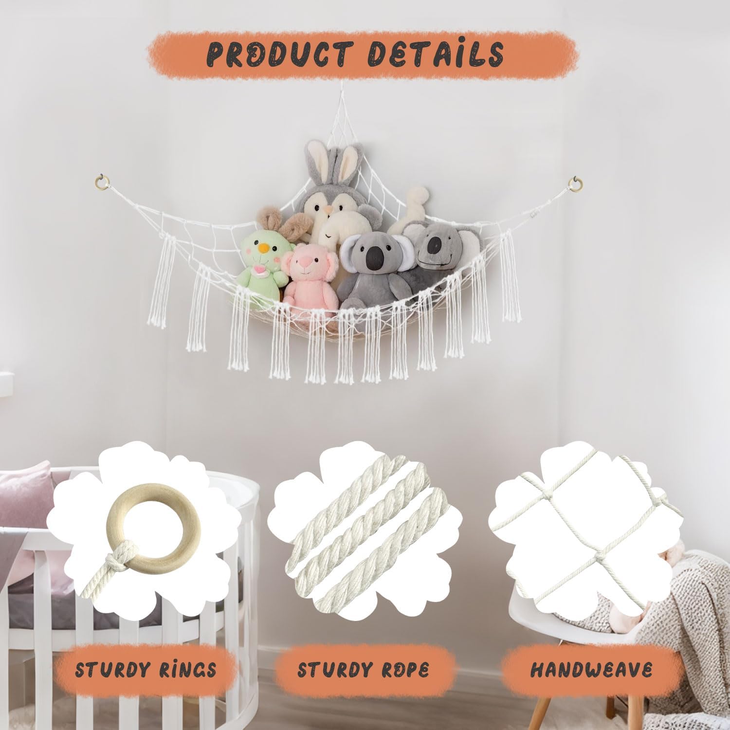 59 x 47 inches Stuffed Animal Hammock Corner Net, Plushie Net for Stuffed Animals Corner Large, Cott Hammock Holder for Home, Room, Wall, Bedroom Decor (White) - Image 5