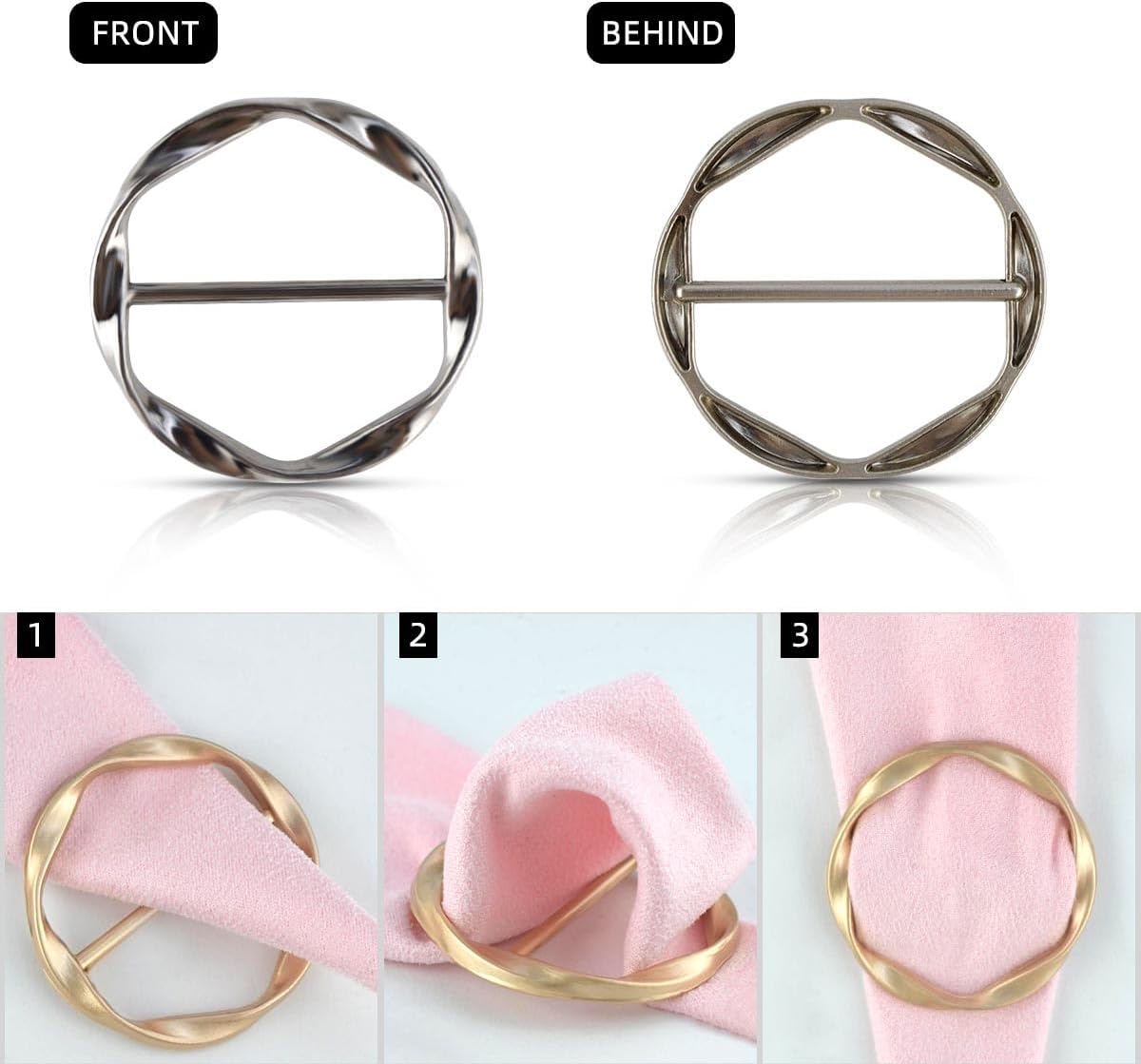 Tie Clips for Women & Girls - Twist Tee Knot Scarf Clip Waist Clothes Corner Knotted Button Fashion Metal Circle Buckle Alloy Clothing Ring Wrap Holder Round Scarves Clasp - Image 4