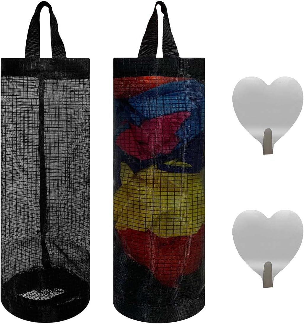 2 Pcs Plastic Bag Holder Trash Bags Storage Dispenser Organizer for Home Kitchen Mesh Hanging Dispensers Recycling Garbage Folding Grocery with Hooks (Black) - Image 1