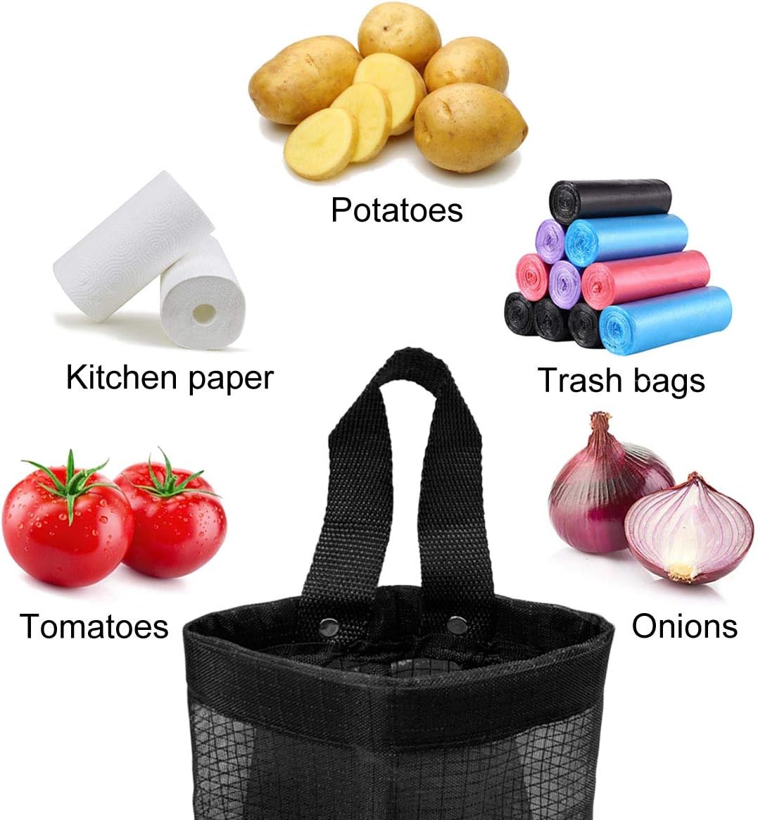 2 Pcs Plastic Bag Holder Trash Bags Storage Dispenser Organizer for Home Kitchen Mesh Hanging Dispensers Recycling Garbage Folding Grocery with Hooks (Black) - Image 2