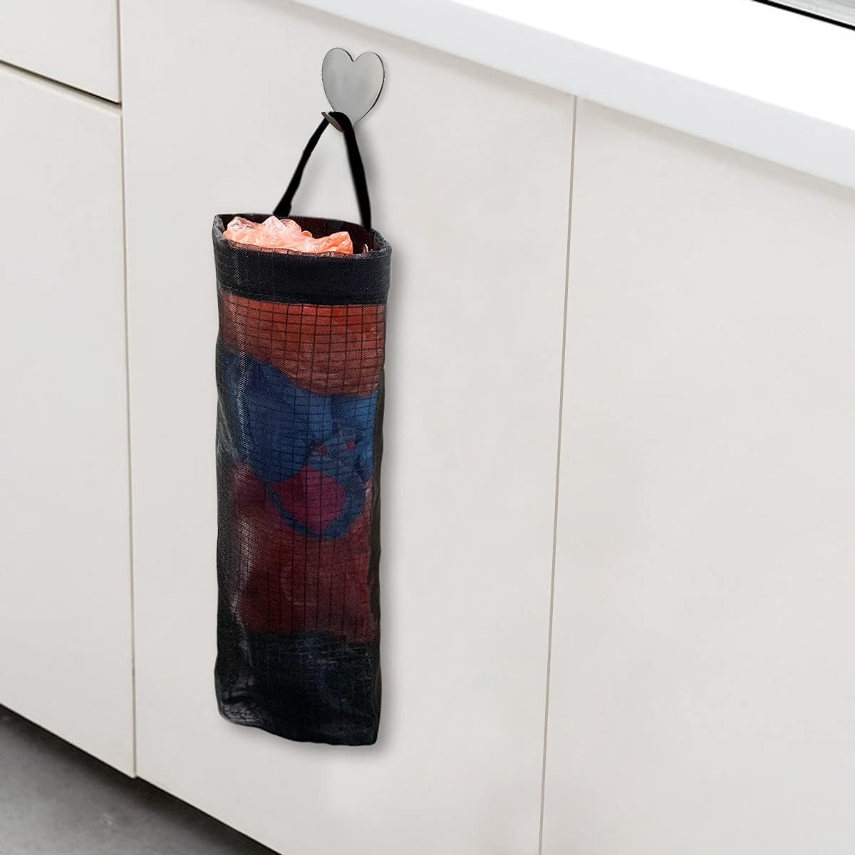 2 Pcs Plastic Bag Holder Trash Bags Storage Dispenser Organizer for Home Kitchen Mesh Hanging Dispensers Recycling Garbage Folding Grocery with Hooks (Black) - Image 3
