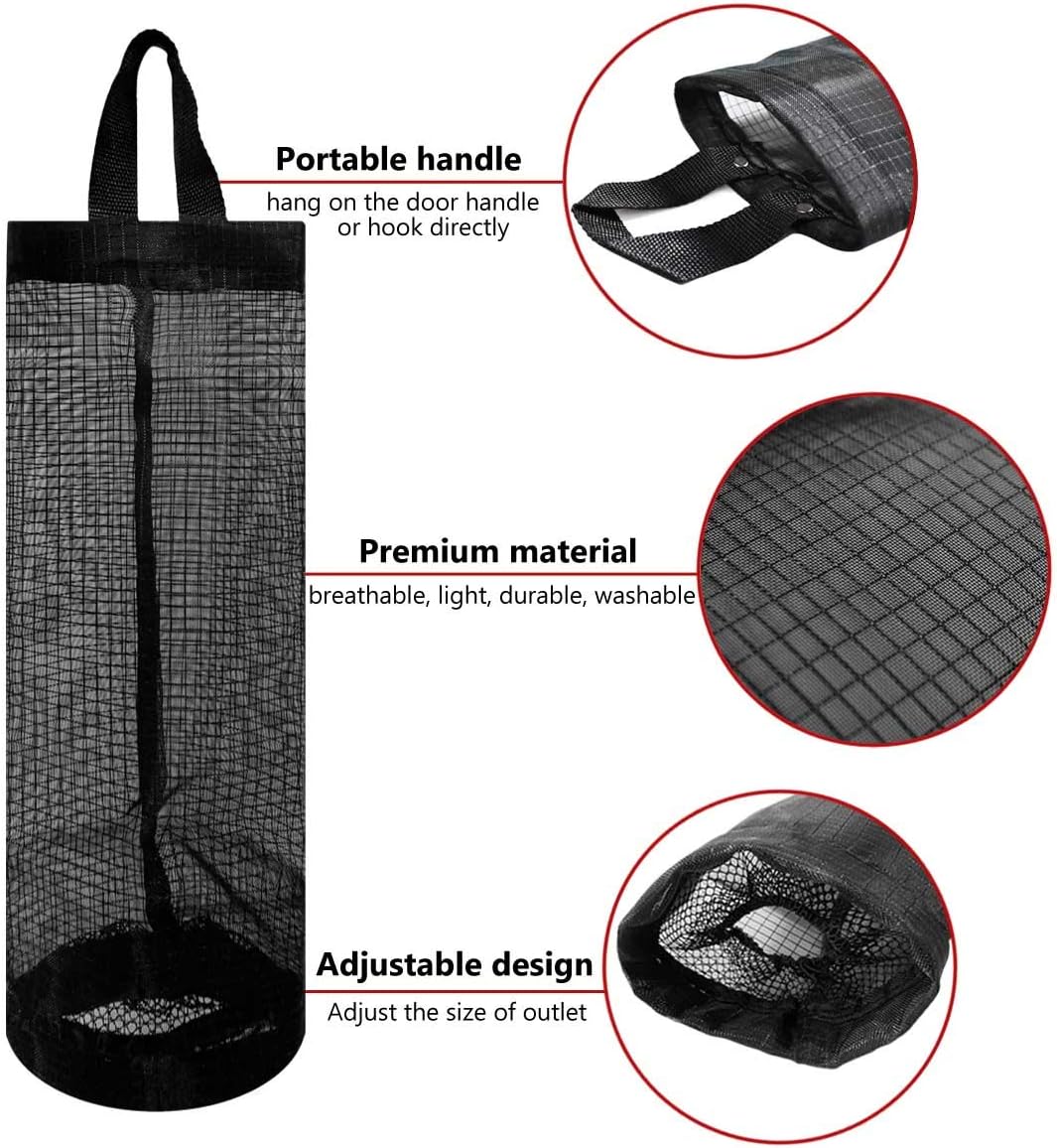 2 Pcs Plastic Bag Holder Trash Bags Storage Dispenser Organizer for Home Kitchen Mesh Hanging Dispensers Recycling Garbage Folding Grocery with Hooks (Black) - Image 4