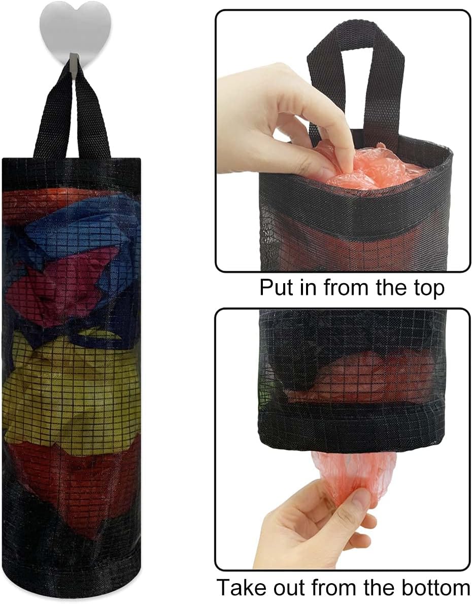 2 Pcs Plastic Bag Holder Trash Bags Storage Dispenser Organizer for Home Kitchen Mesh Hanging Dispensers Recycling Garbage Folding Grocery with Hooks (Black) - Image 5