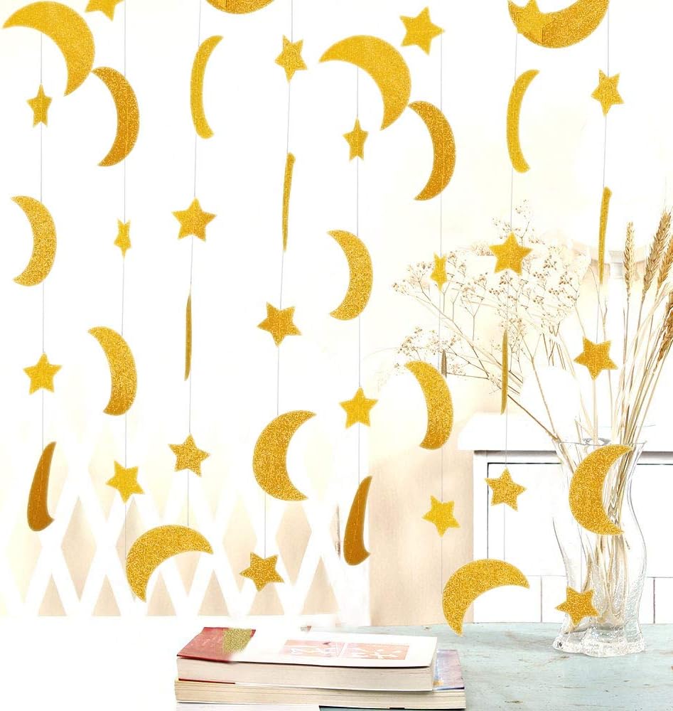 50ft Glitter Moon & Stars Garlands, 6 Pack Gold Double-Side Crescent and Twinkle Paper Hanging Decorations for Birthday Party Baby Shower Engagement Wedding Nursery Kids Room Home Bedroom - Image 1