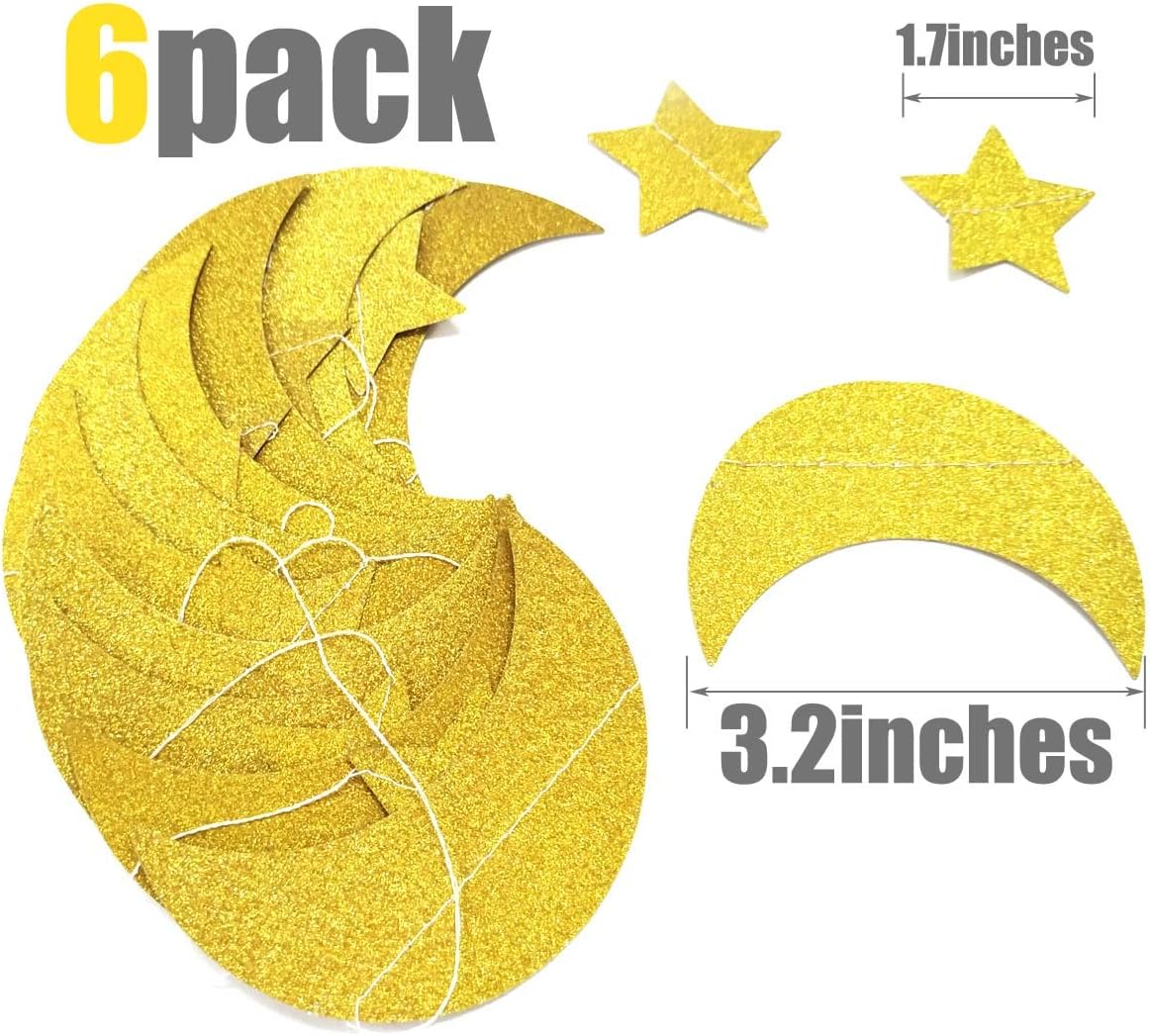 50ft Glitter Moon & Stars Garlands, 6 Pack Gold Double-Side Crescent and Twinkle Paper Hanging Decorations for Birthday Party Baby Shower Engagement Wedding Nursery Kids Room Home Bedroom - Image 3