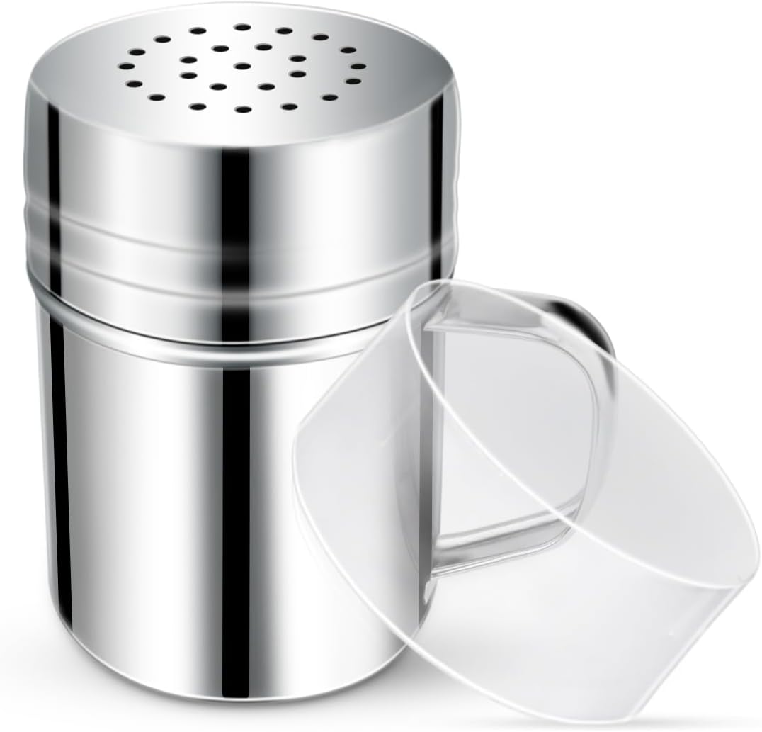 Stainless Steel Dredge Shaker Spice Shakers with Handle Powdered Sugar Pepper 6 Oz Metal Salt Holes and Lid Fine Powder for Cinnamon Cocoa Flour Baking Seasoning - Image 1