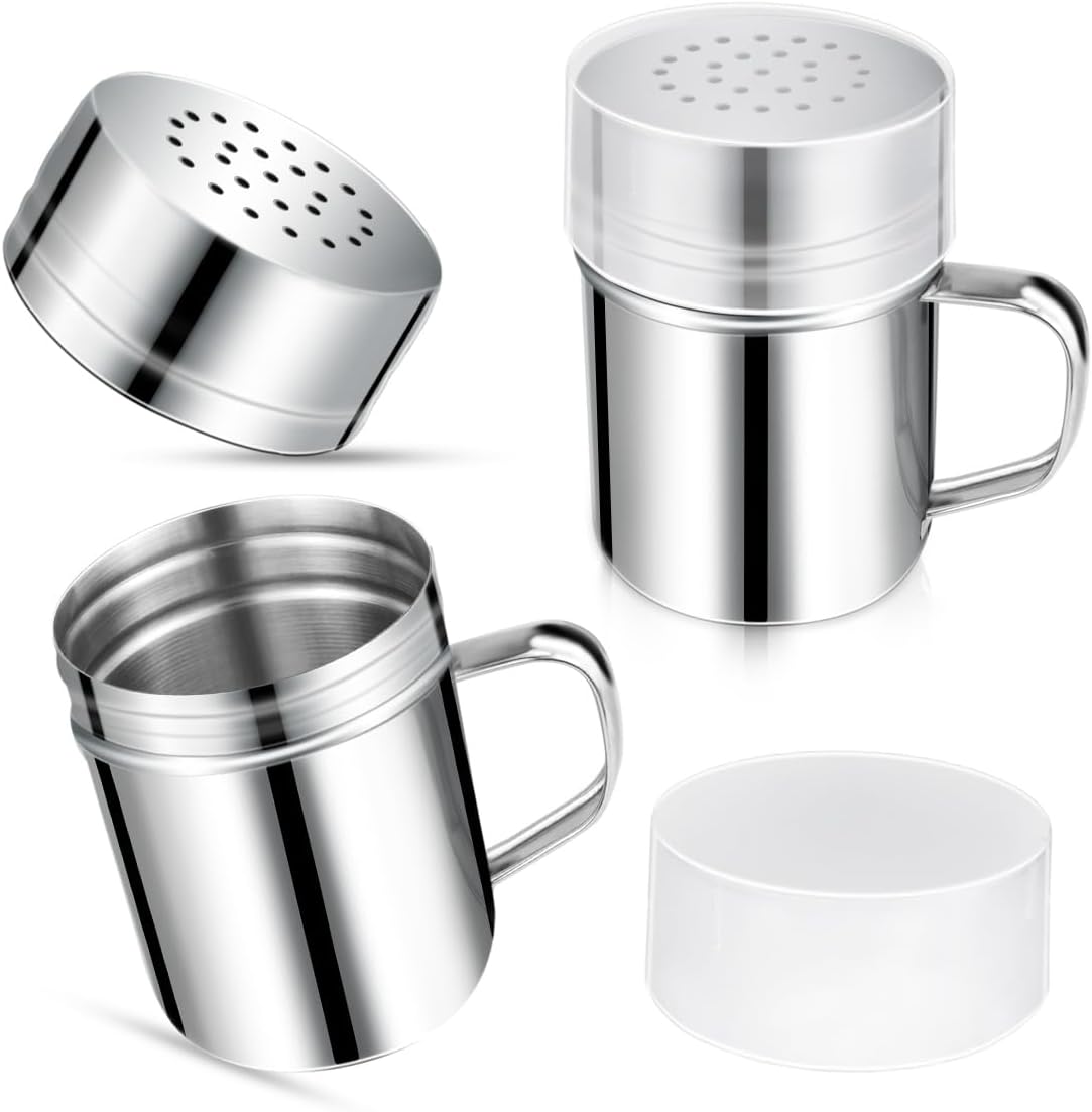 Stainless Steel Dredge Shaker Spice Shakers with Handle Powdered Sugar Pepper 6 Oz Metal Salt Holes and Lid Fine Powder for Cinnamon Cocoa Flour Baking Seasoning - Image 3
