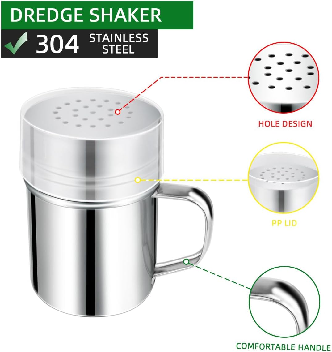 Stainless Steel Dredge Shaker Spice Shakers with Handle Powdered Sugar Pepper 6 Oz Metal Salt Holes and Lid Fine Powder for Cinnamon Cocoa Flour Baking Seasoning - Image 4