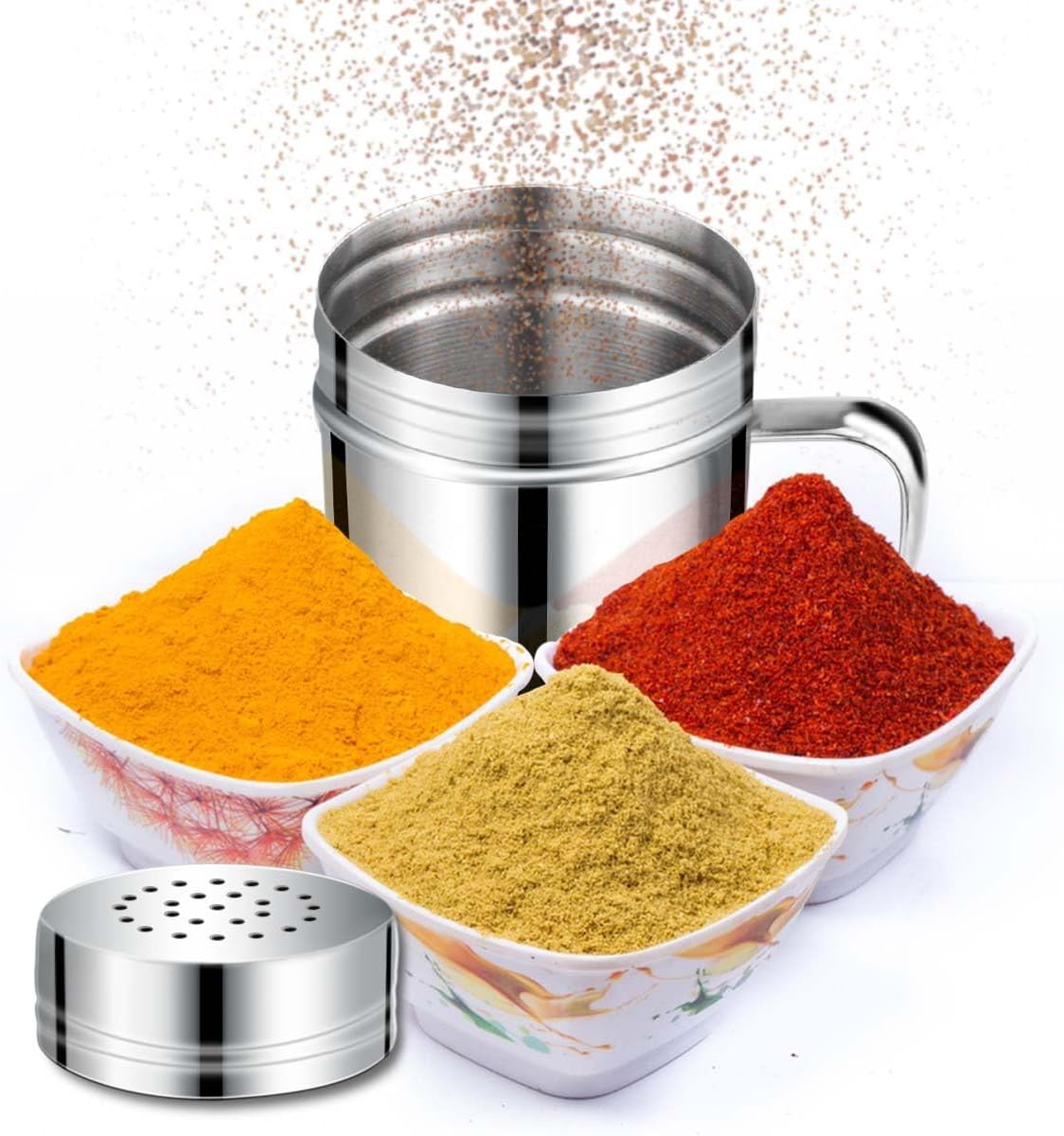 Stainless Steel Dredge Shaker Spice Shakers with Handle Powdered Sugar Pepper 6 Oz Metal Salt Holes and Lid Fine Powder for Cinnamon Cocoa Flour Baking Seasoning - Image 5