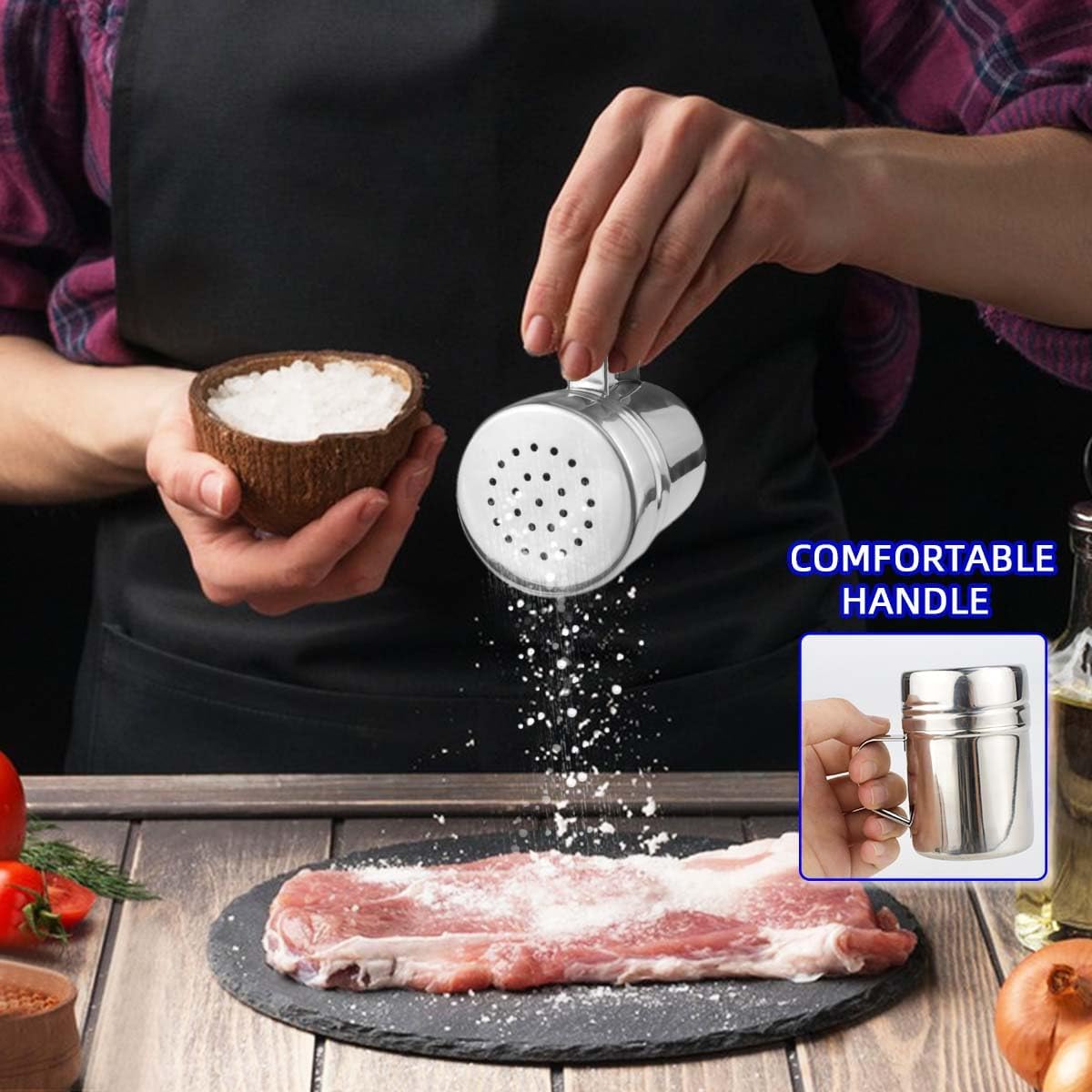 Stainless Steel Dredge Shaker Spice Shakers with Handle Powdered Sugar Pepper 6 Oz Metal Salt Holes and Lid Fine Powder for Cinnamon Cocoa Flour Baking Seasoning - Image 6