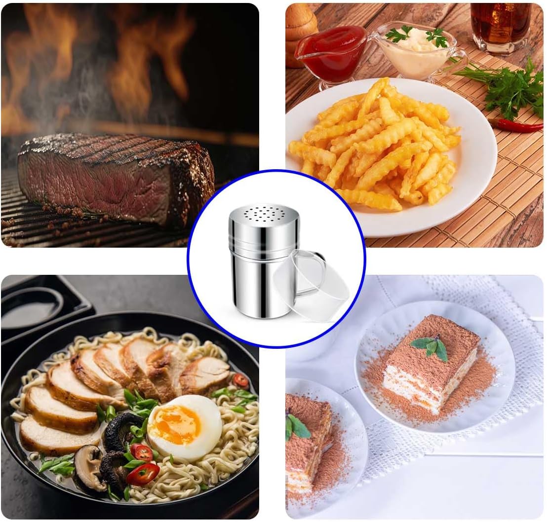 Stainless Steel Dredge Shaker Spice Shakers with Handle Powdered Sugar Pepper 6 Oz Metal Salt Holes and Lid Fine Powder for Cinnamon Cocoa Flour Baking Seasoning - Image 7