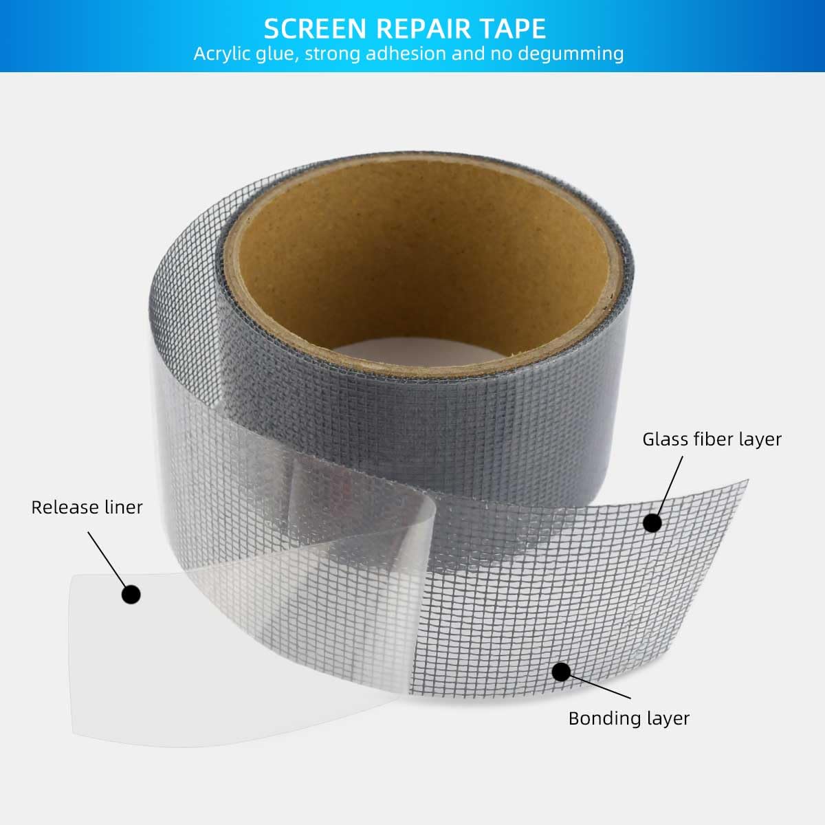 3-Layer Strong Waterproof Adhesive Screen Repair Tape - Instantly Fix Holes & Tears Fiberglass Kit Gray (1.97x78.7 Inches) - Image 4