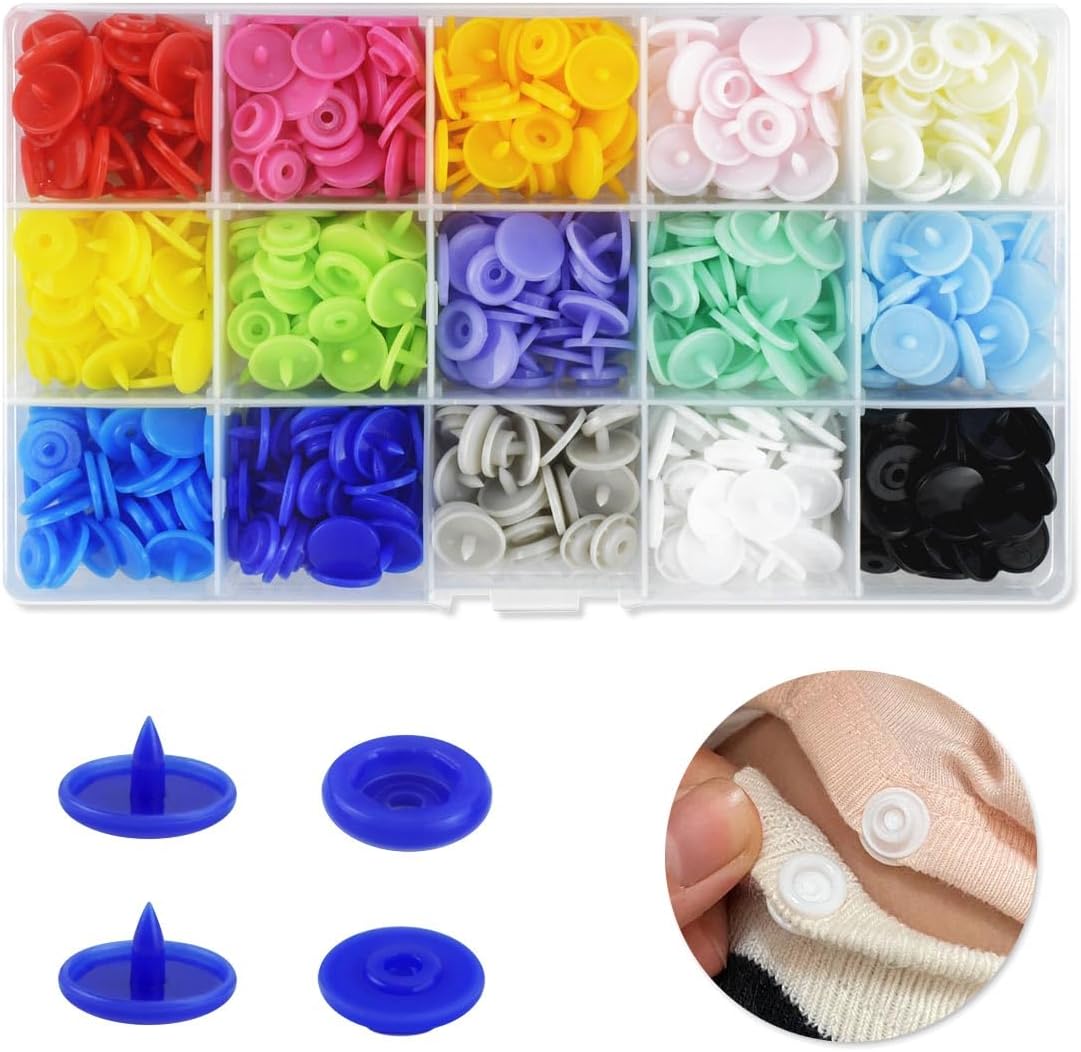 150 Sets Plastic Snaps Fasteners T5 Resin Snap Buttons Kit for Clothing Sewing Crafting No-Sew Round with Storage Organizer Crafts Cloth Diaper Bibs Bags (15 Colors) - Image 1