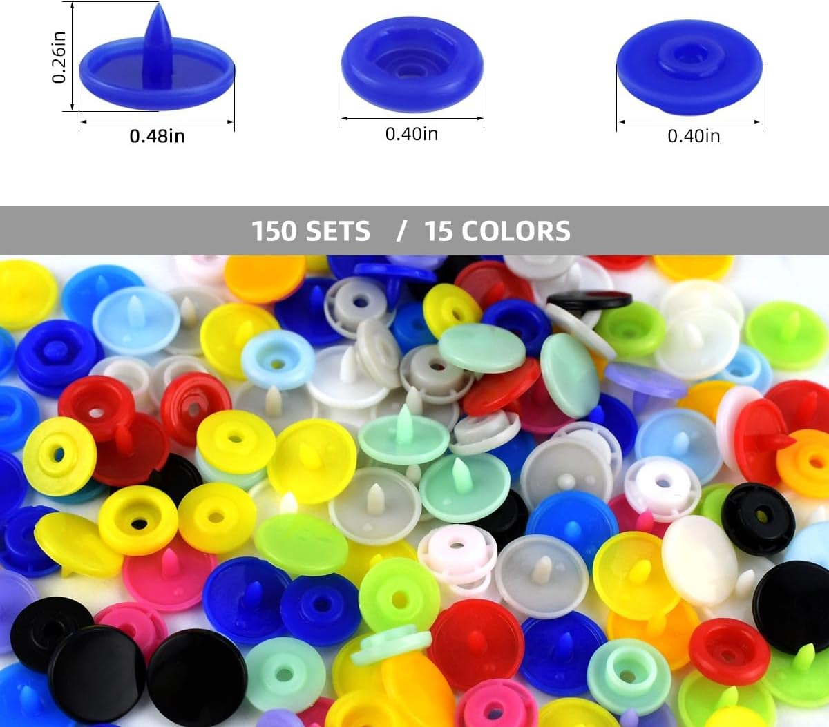 150 Sets Plastic Snaps Fasteners T5 Resin Snap Buttons Kit for Clothing Sewing Crafting No-Sew Round with Storage Organizer Crafts Cloth Diaper Bibs Bags (15 Colors) - Image 2