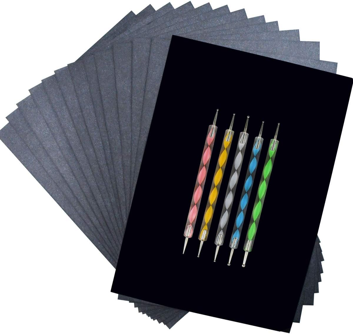 100 Sheets Carbon Transfer Paper Tracing for DIY Wood Working Canvas and Other Art Craft Surfaces Graphite & 5 Pieces Ball Embossing Stylus Black (8.3 x 11.7 Inches) - Image 1