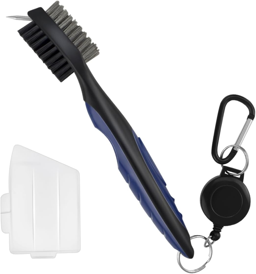 Golf Club Brush and Groove Cleaner Retractable Zip-Line Cleaning Tool Brushes with Aluminum Carabiner Oversized Head Spike Non-Slip Handle Grip Bag Tools - Image 1