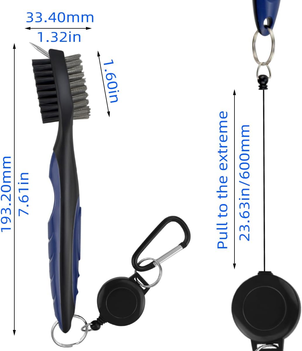 Golf Club Brush and Groove Cleaner Retractable Zip-Line Cleaning Tool Brushes with Aluminum Carabiner Oversized Head Spike Non-Slip Handle Grip Bag Tools - Image 2