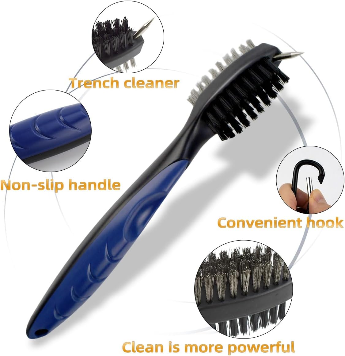 Golf Club Brush and Groove Cleaner Retractable Zip-Line Cleaning Tool Brushes with Aluminum Carabiner Oversized Head Spike Non-Slip Handle Grip Bag Tools - Image 3
