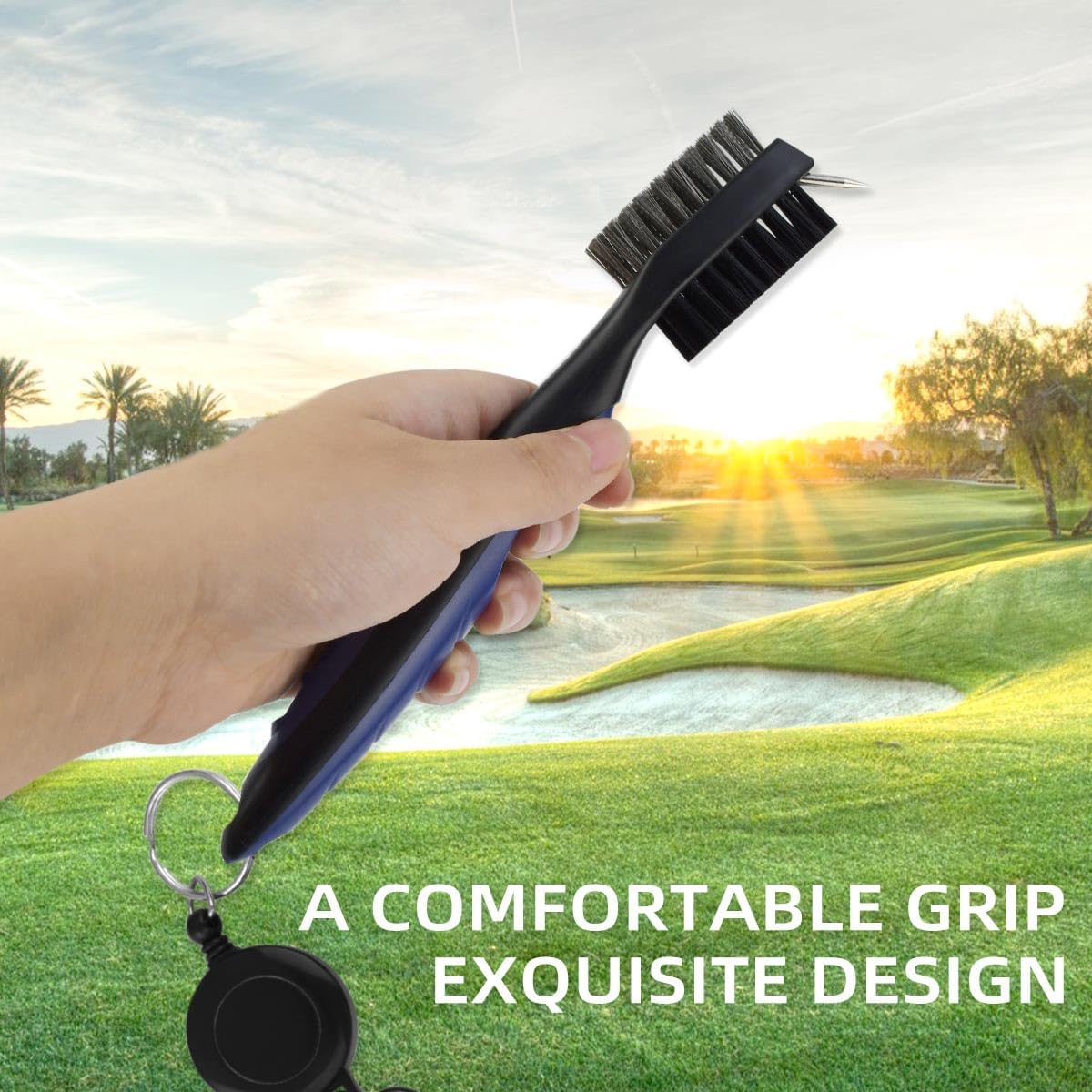 Golf Club Brush and Groove Cleaner Retractable Zip-Line Cleaning Tool Brushes with Aluminum Carabiner Oversized Head Spike Non-Slip Handle Grip Bag Tools - Image 4