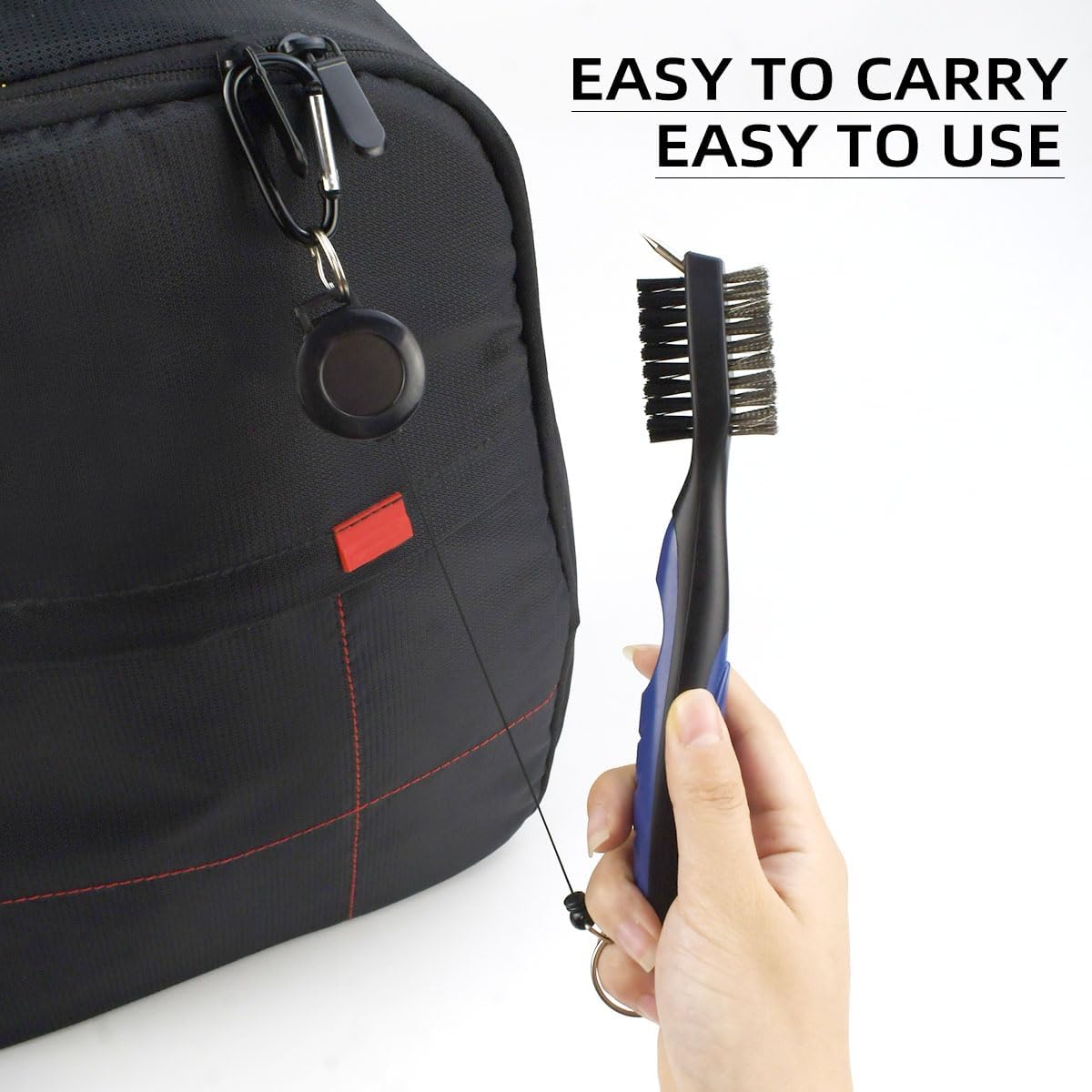 Golf Club Brush and Groove Cleaner Retractable Zip-Line Cleaning Tool Brushes with Aluminum Carabiner Oversized Head Spike Non-Slip Handle Grip Bag Tools - Image 5