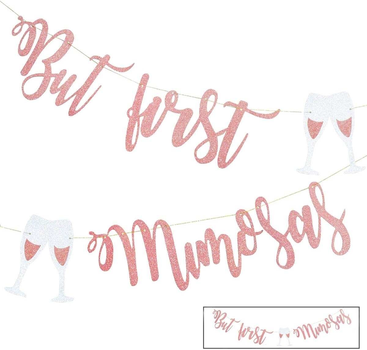 Mimosa Bar Sign But First Mimosas Rose Gold Banner, Decorations for Bridal Shower Baby Bachelorette Party Engagement Wedding Graduation Fiesta Bubbly Champagne Brunch Birthday Rosegold - Image 1