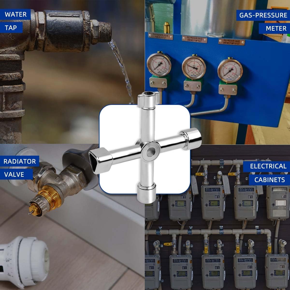Triangle Multi-functional Sillcock Key 4 Way Square Wrench Water Utility Steel Tool for Electric Gas Meter Box Cupboard Cabinet Opening Spigots Faucet Valve 2 Paack Cross - Image 6