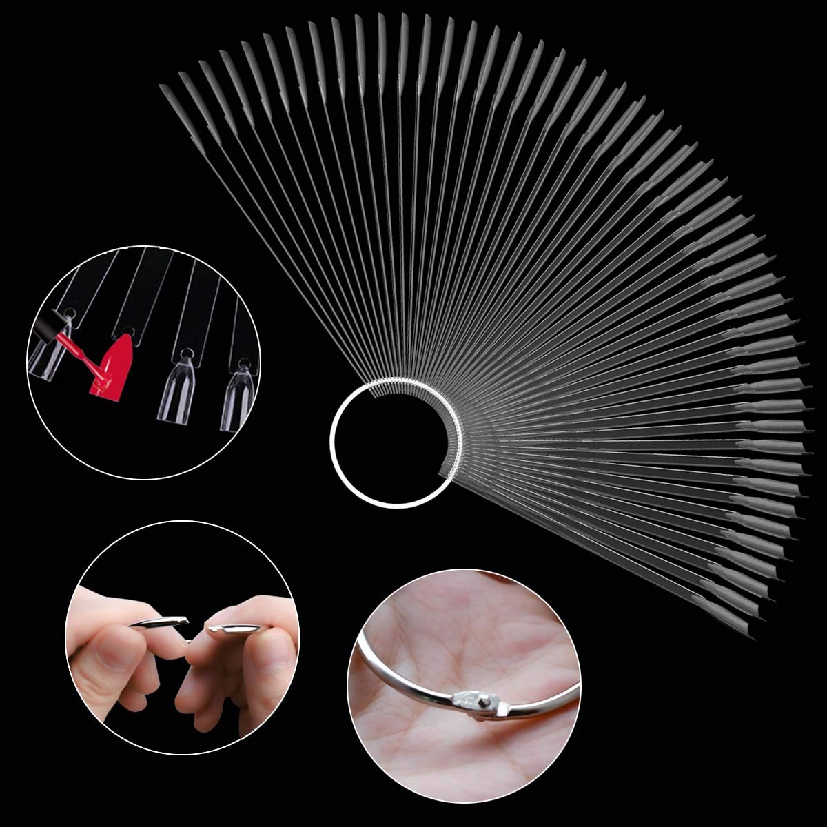 2 Set 100 Tips Clear Nail Art Swatches Sticks Polish Board Display Practice Tool Transparent Fan-shaped False with Metal Screw Ring Plastic Christmas Gift - Image 4