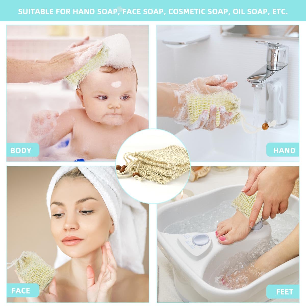 5 Pack Soap Saver Bag Exfoliating Pouch Shower Mesh Bar Natural Sisal for Bath and Bags with Drawstring Plastic-free Foaming Drying - Image 7