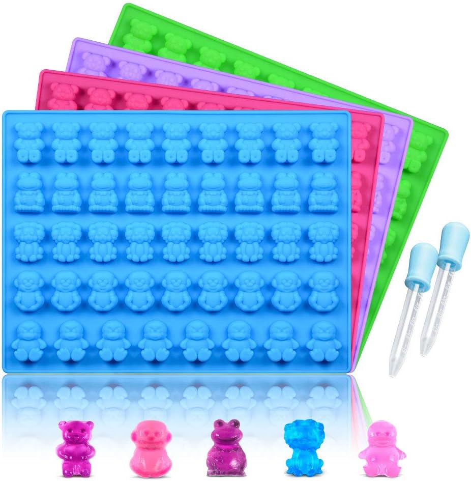 Silicone Candy Gummy Bear Molds - Chocolate Molds Including Bears, Frogs, Lions, Monkeys, Penguins Gummie Molds Premium Silicone, Pack of 4 with 2 Droppers - Image 1