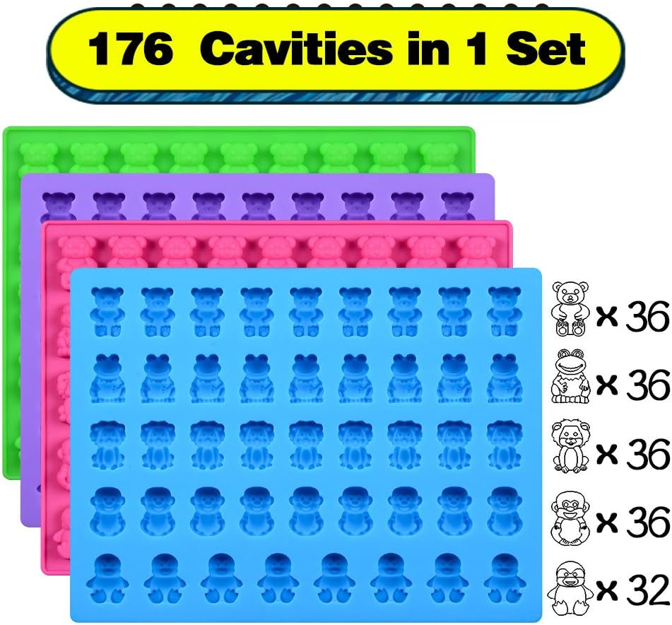 Silicone Candy Gummy Bear Molds - Chocolate Molds Including Bears, Frogs, Lions, Monkeys, Penguins Gummie Molds Premium Silicone, Pack of 4 with 2 Droppers - Image 3