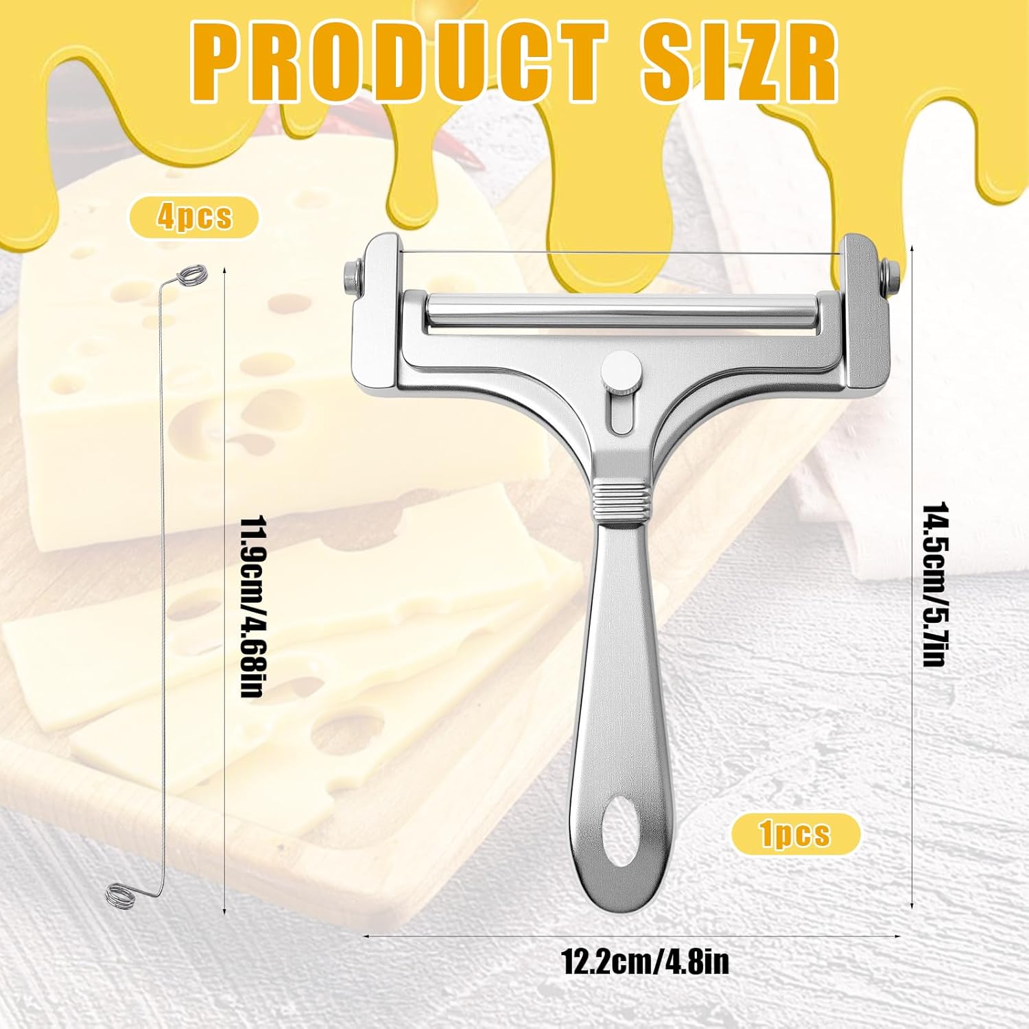 Stainless Steel Wire Cheese Slicer With 4 Extra Wires Adjustable Thickness, Handheld Cheese Cutter Butter Block Cutter for Cheddar, Gruyere, Raclette, Mozzarella Kitchen Slicing Tools - Image 1