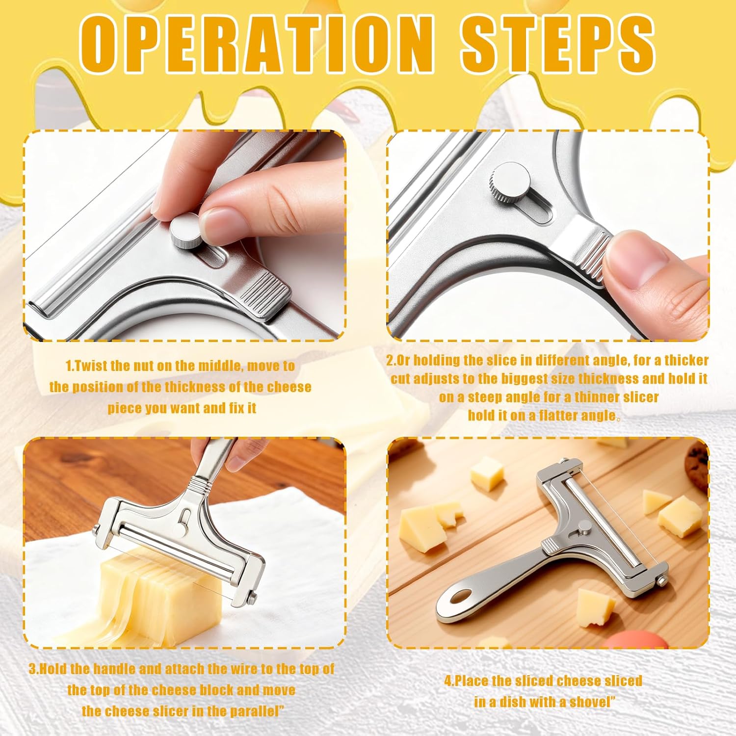 Stainless Steel Wire Cheese Slicer With 4 Extra Wires Adjustable Thickness, Handheld Cheese Cutter Butter Block Cutter for Cheddar, Gruyere, Raclette, Mozzarella Kitchen Slicing Tools - Image 4