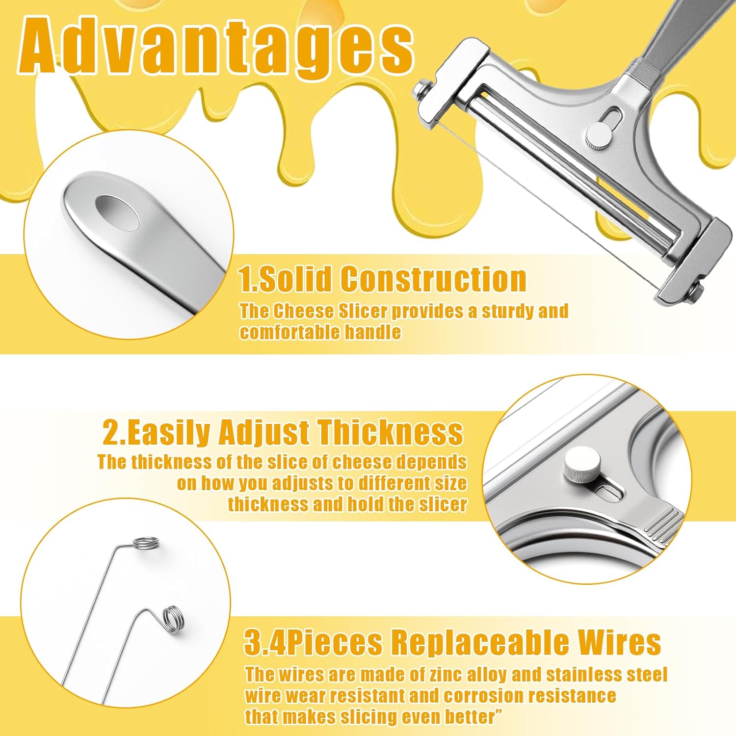 Stainless Steel Wire Cheese Slicer With 4 Extra Wires Adjustable Thickness, Handheld Cheese Cutter Butter Block Cutter for Cheddar, Gruyere, Raclette, Mozzarella Kitchen Slicing Tools - Image 5