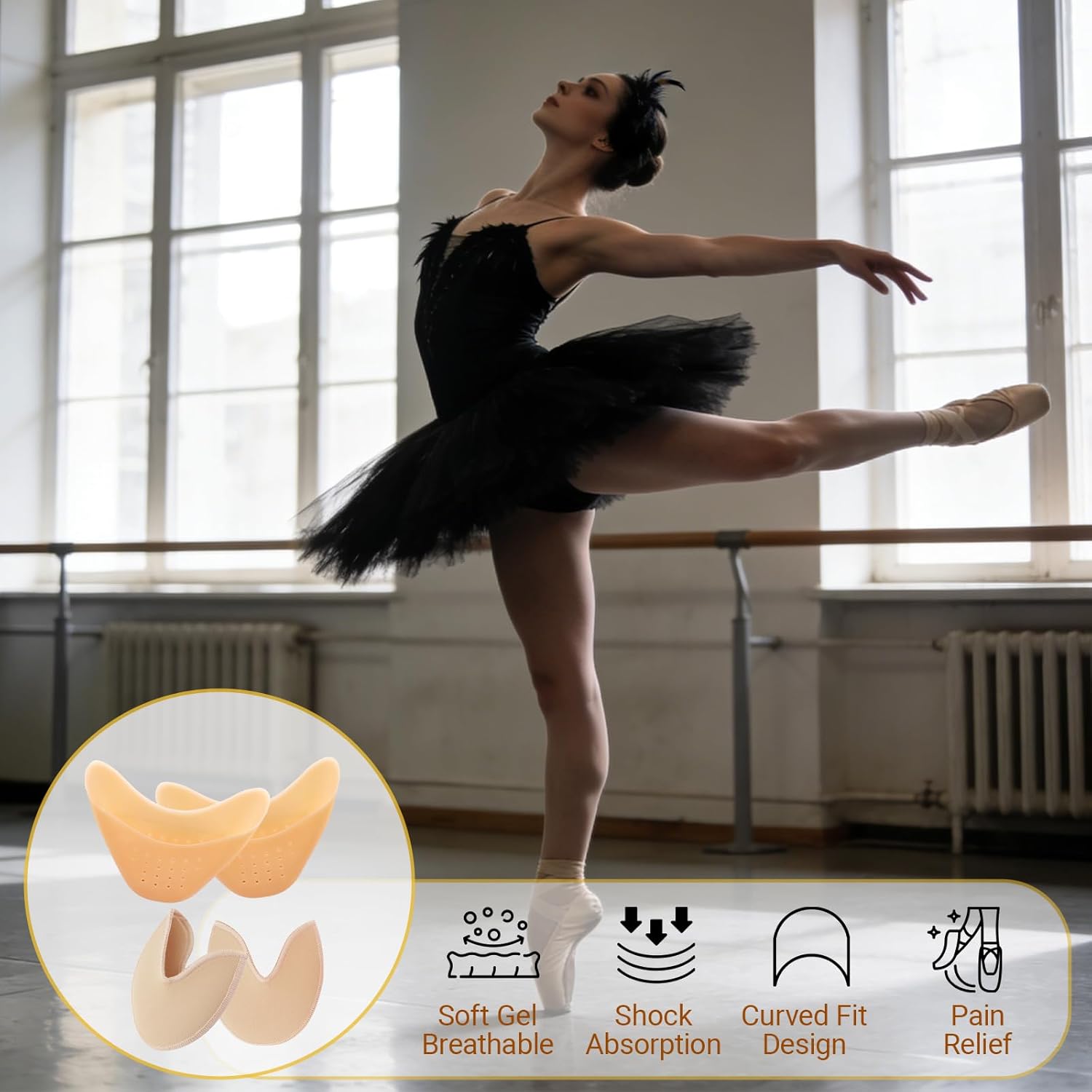 2 Pairs Toe Pads for Pointe Shoes - Cotton Pointe Shoe Ballet Dance Toe Pads & Silicone Gel Pads Pointe Shoes Protectors for Foot Metatarsal Protection, Breathable & Washable - Image 2