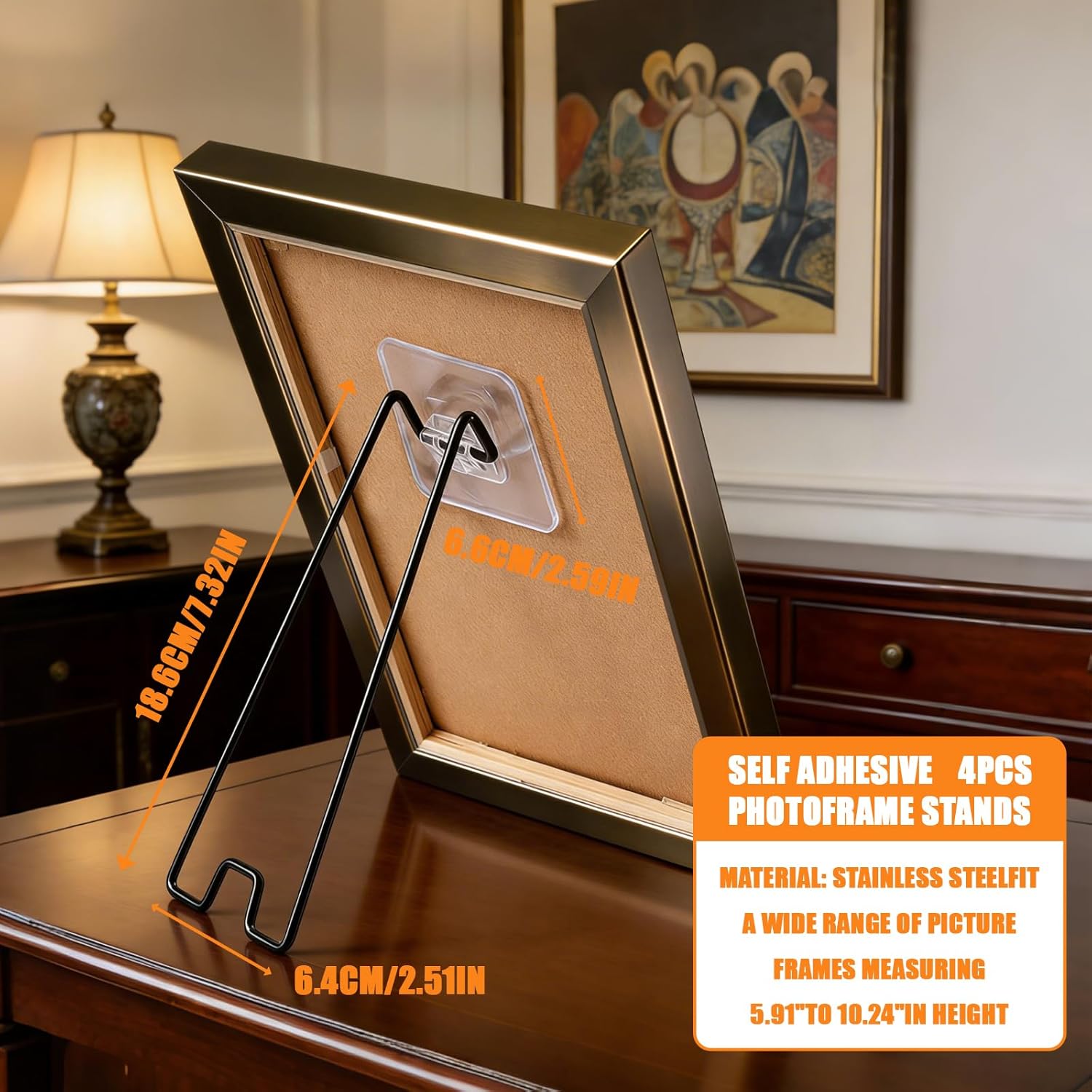 4Pcs Picture Frame Stand - Black Metal Table top easel -Heavy Duty Picture Holder Stand with Self-Adhesive for 5.9 to 10.2 inch Picture Frame Easel 5.12“ x 2.17” - Image 1