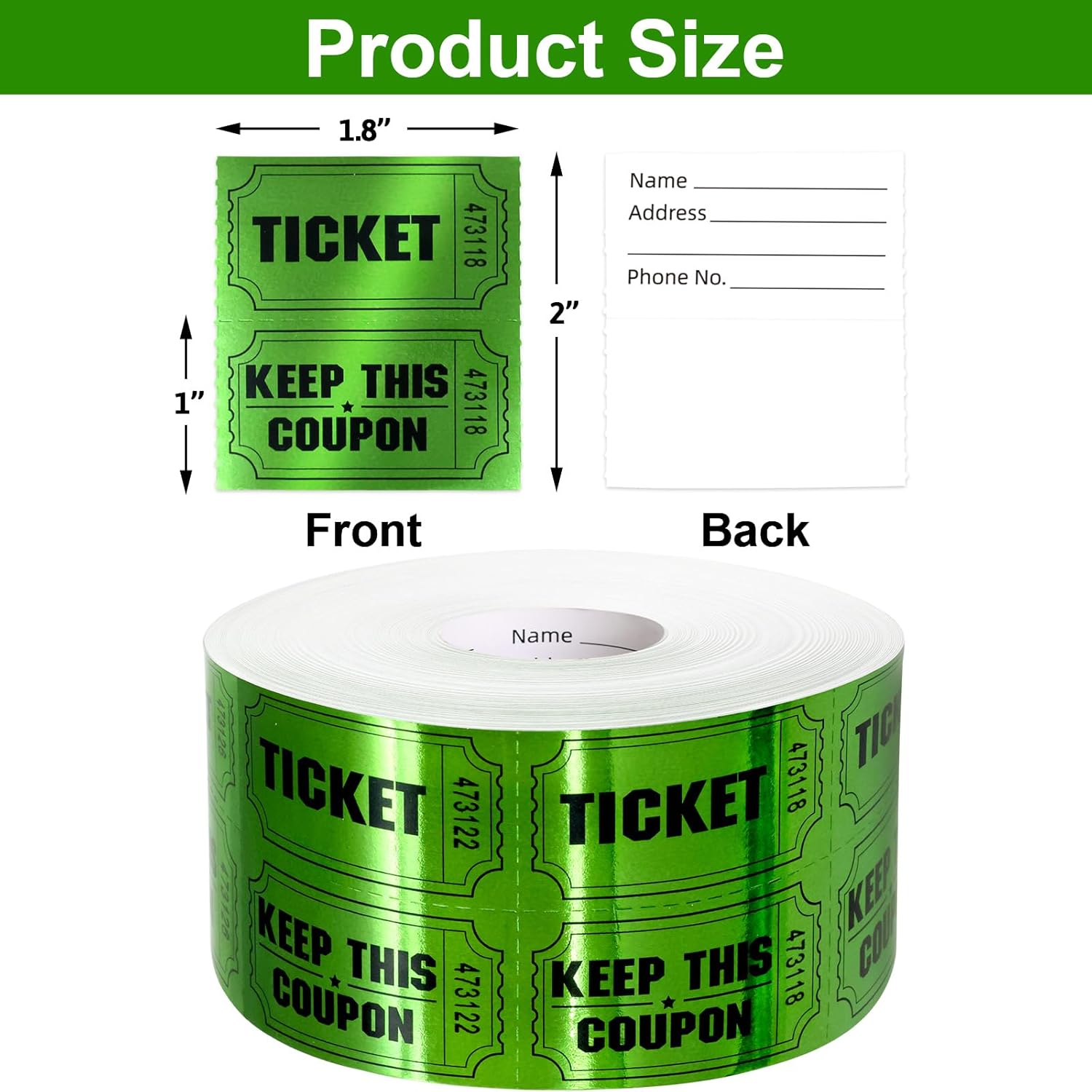 ceiba tree 1000 Raffle Tickets Double Roll Metallic Green Foil Ticket for Events Carnivals Entry Class Reward Prizes Party Supplies - Image 2