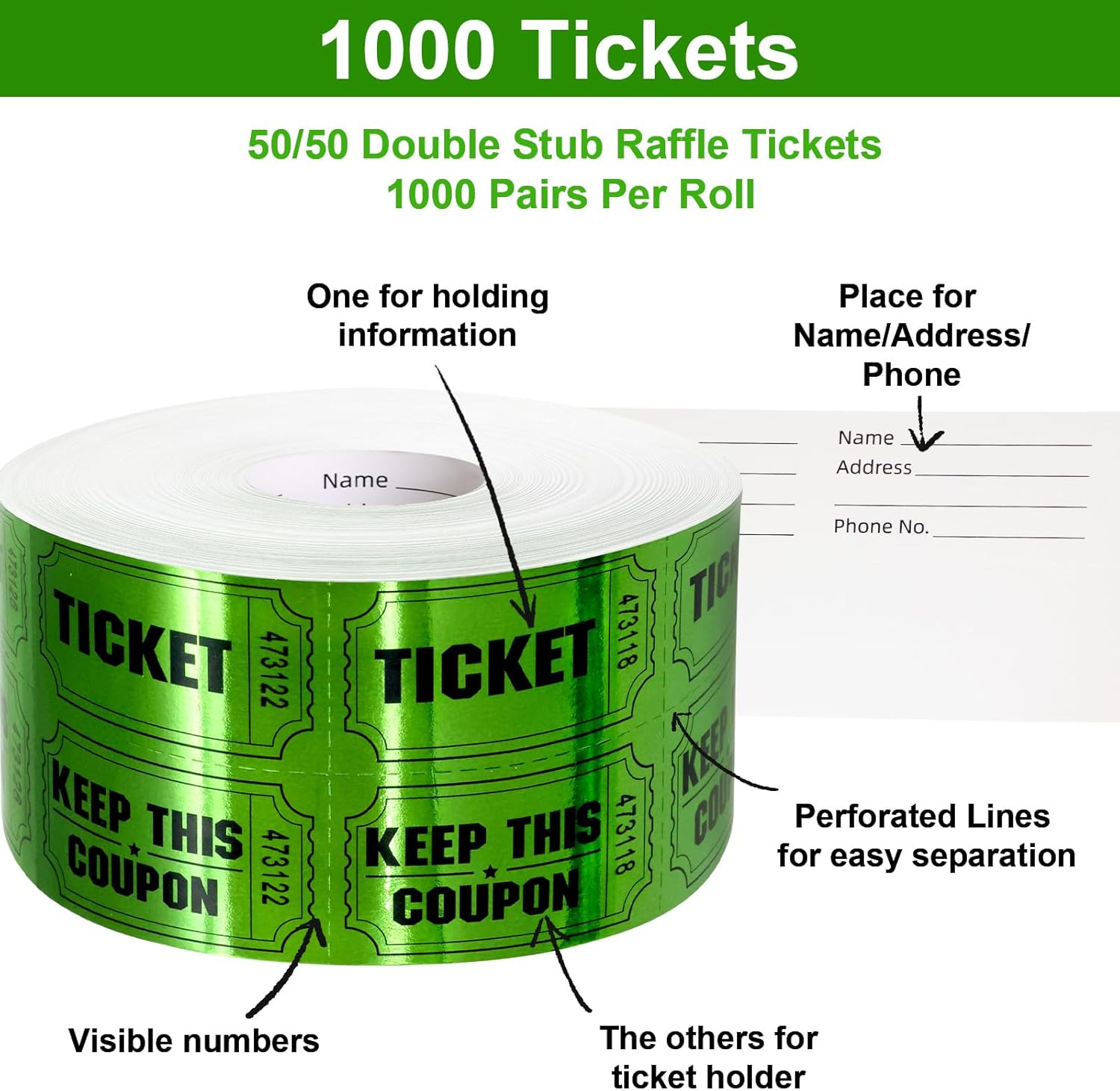 ceiba tree 1000 Raffle Tickets Double Roll Metallic Green Foil Ticket for Events Carnivals Entry Class Reward Prizes Party Supplies - Image 3