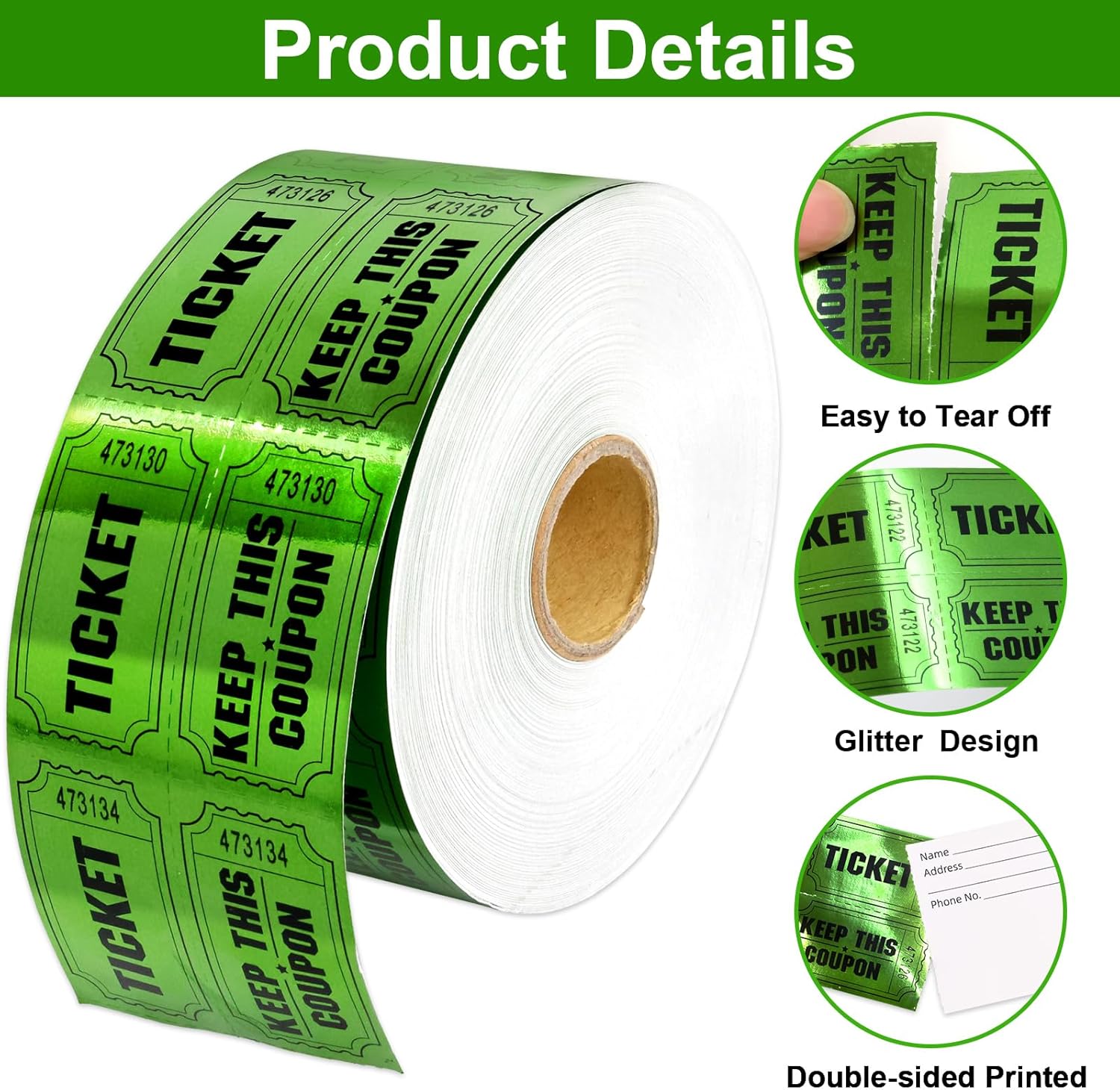 ceiba tree 1000 Raffle Tickets Double Roll Metallic Green Foil Ticket for Events Carnivals Entry Class Reward Prizes Party Supplies - Image 4