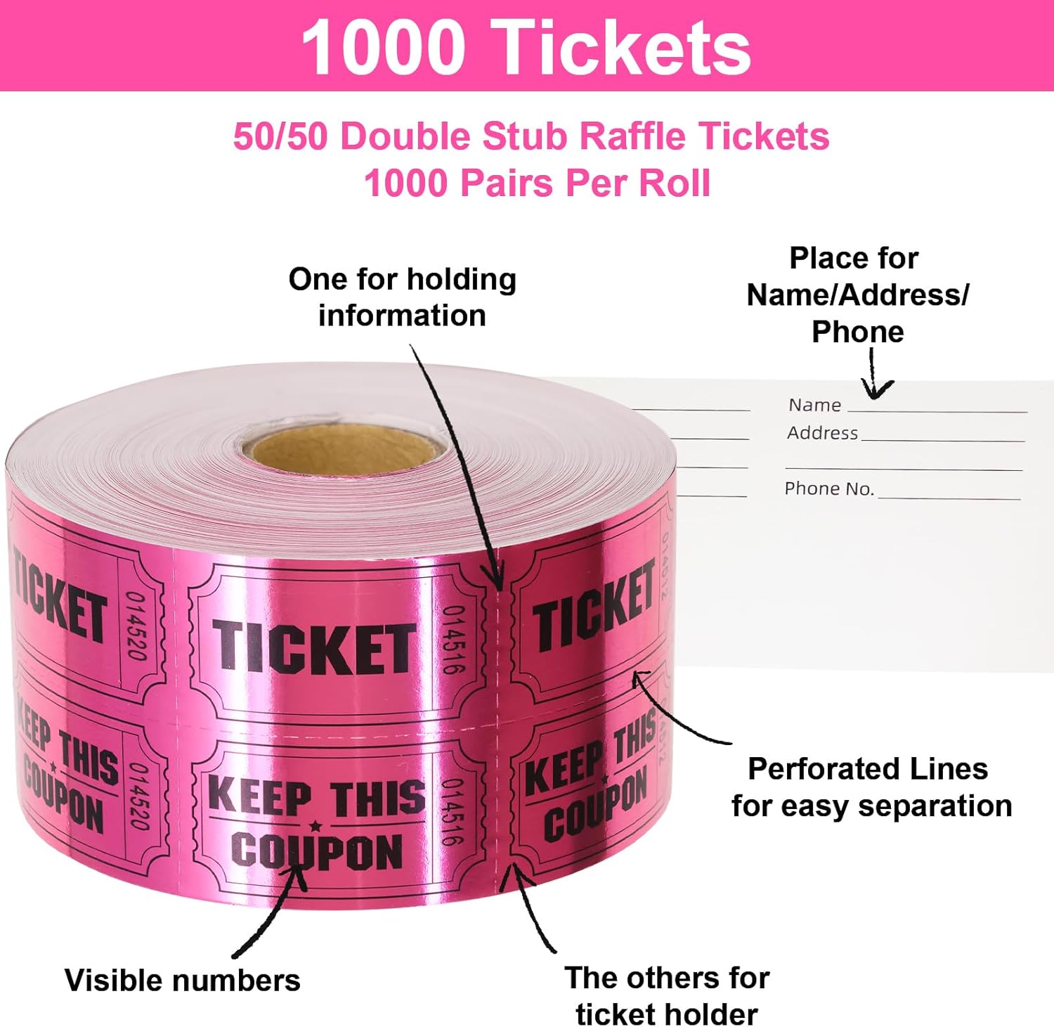 ceiba tree 1000 Raffle Tickets Double Roll Metallic Pink Foil Ticket for Events Carnivals Entry Class Reward Prizes Pink Party Supplies - Image 2