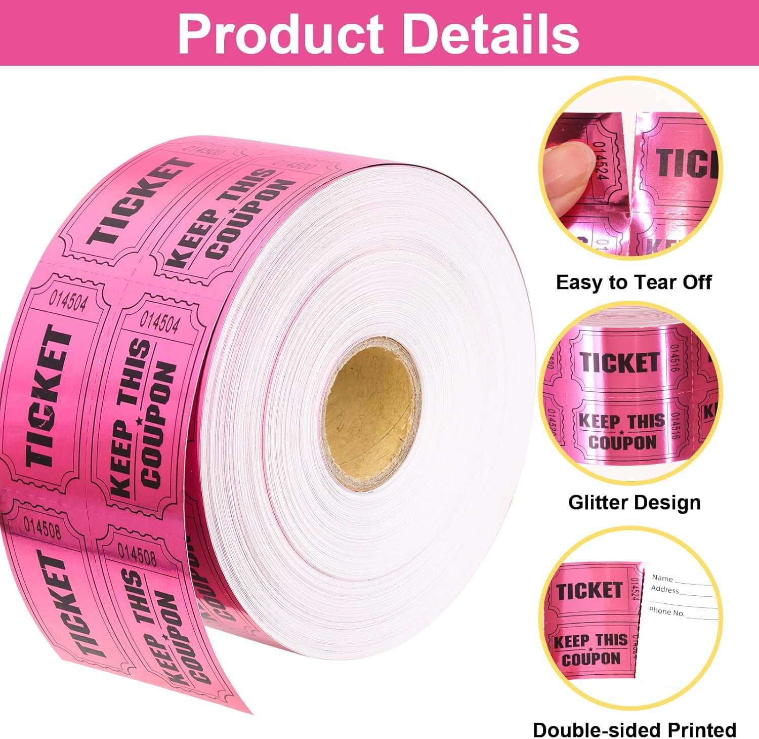 ceiba tree 1000 Raffle Tickets Double Roll Metallic Pink Foil Ticket for Events Carnivals Entry Class Reward Prizes Pink Party Supplies - Image 3