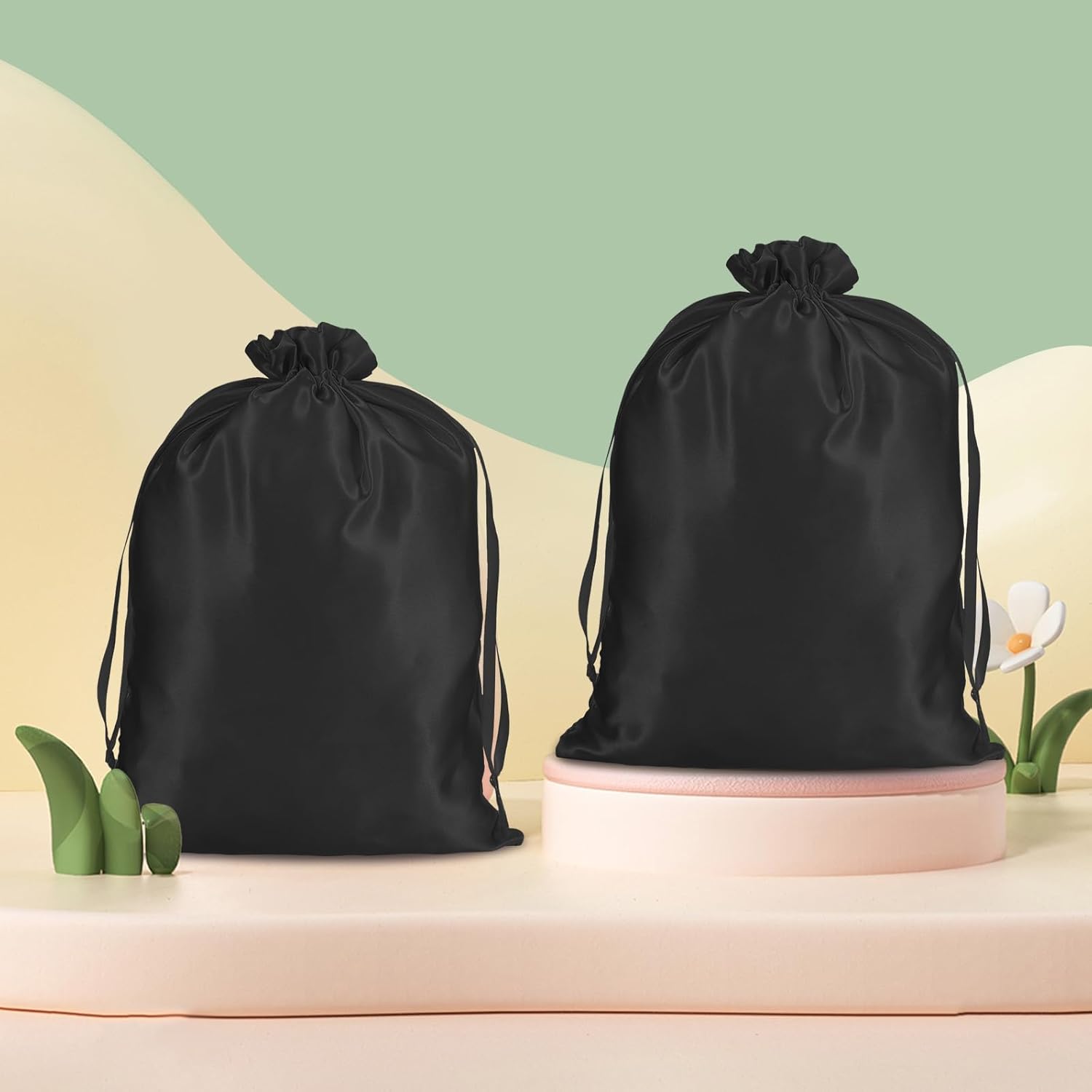 4Pcs Wig Storage Bags,Silk Bags with Drawstring Small Storage Satin Bag for Wigs Bundles Hair Extension(Black) - Image 2