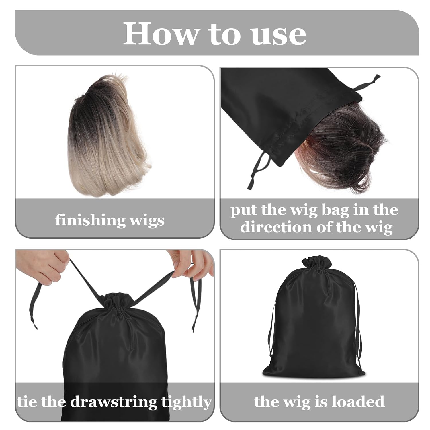 4Pcs Wig Storage Bags,Silk Bags with Drawstring Small Storage Satin Bag for Wigs Bundles Hair Extension(Black) - Image 3