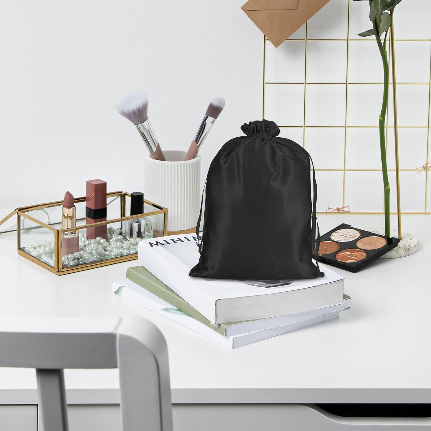 4Pcs Wig Storage Bags,Silk Bags with Drawstring Small Storage Satin Bag for Wigs Bundles Hair Extension(Black) - Image 4