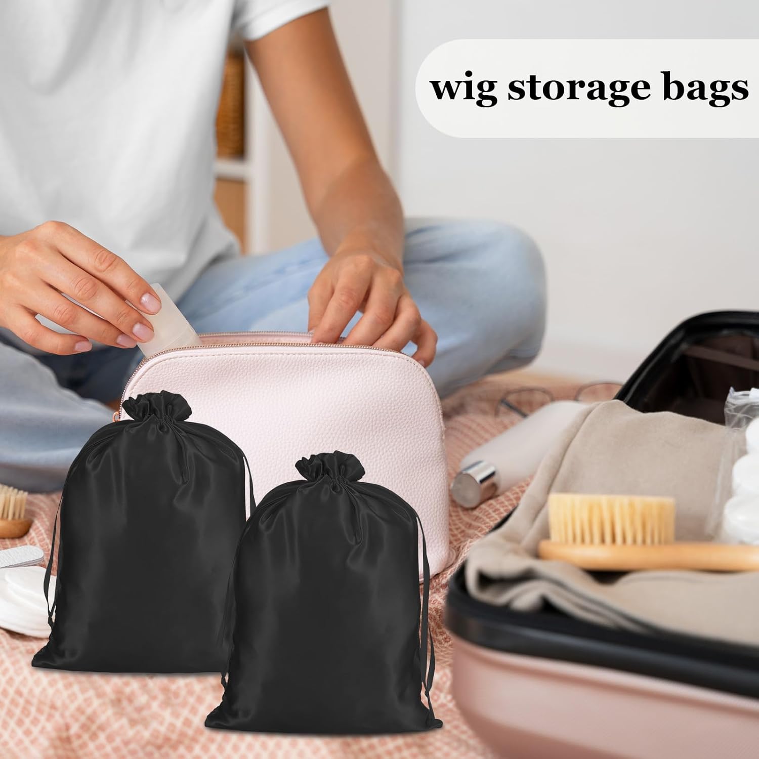 4Pcs Wig Storage Bags,Silk Bags with Drawstring Small Storage Satin Bag for Wigs Bundles Hair Extension(Black) - Image 5