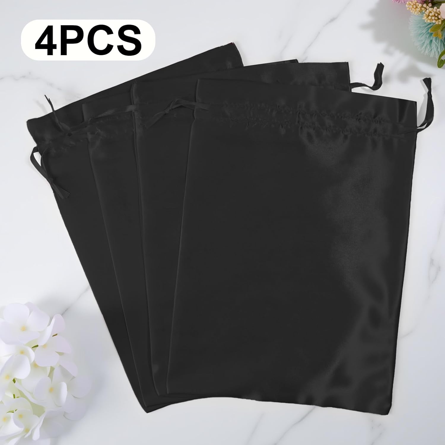 4Pcs Wig Storage Bags,Silk Bags with Drawstring Small Storage Satin Bag for Wigs Bundles Hair Extension(Black) - Image 6