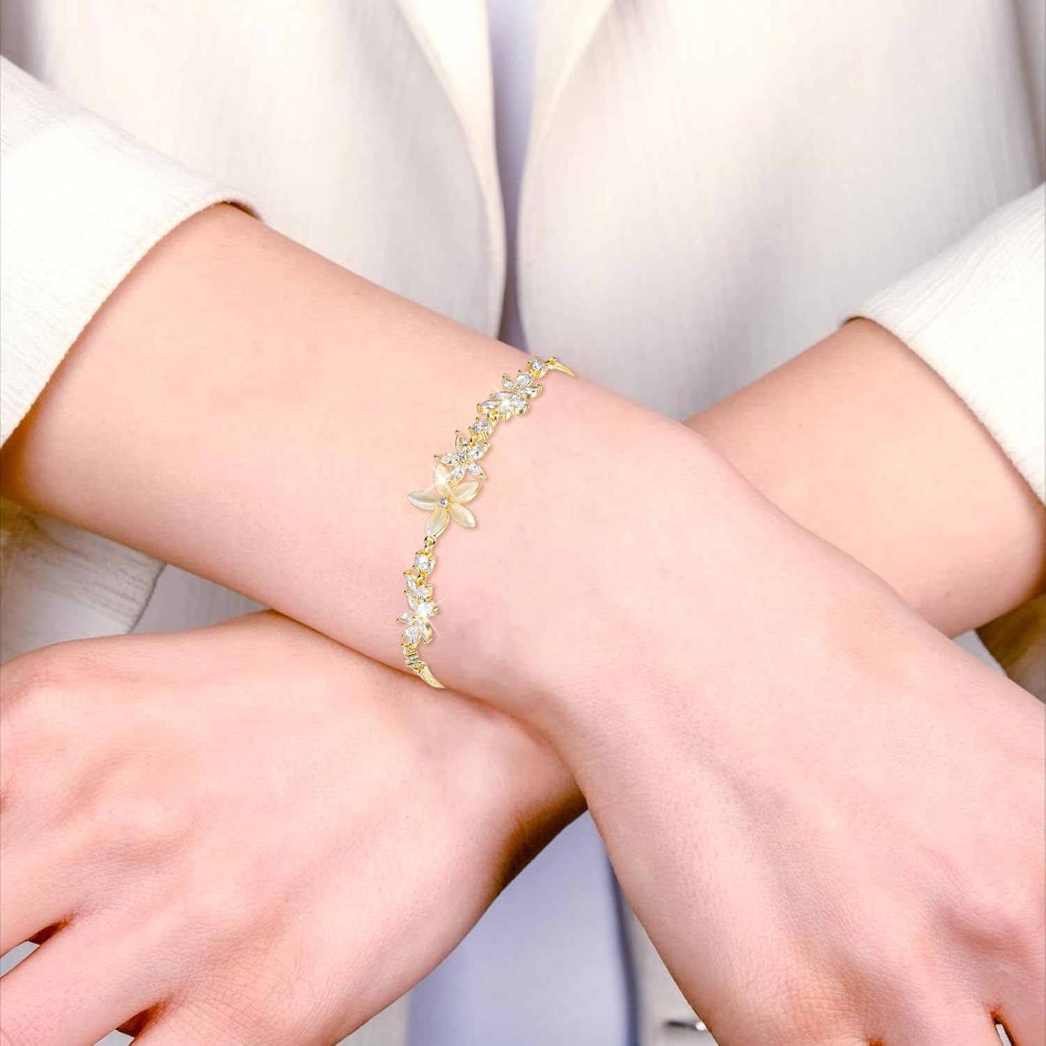 Gold Adjustable Bracelets for Women,Dainty Flower Bracelet Rhinestone Slider Floral Bracelet Floral Jewelry Adjustable Bridesmaid Bracelets Jewelry Gift - Image 2