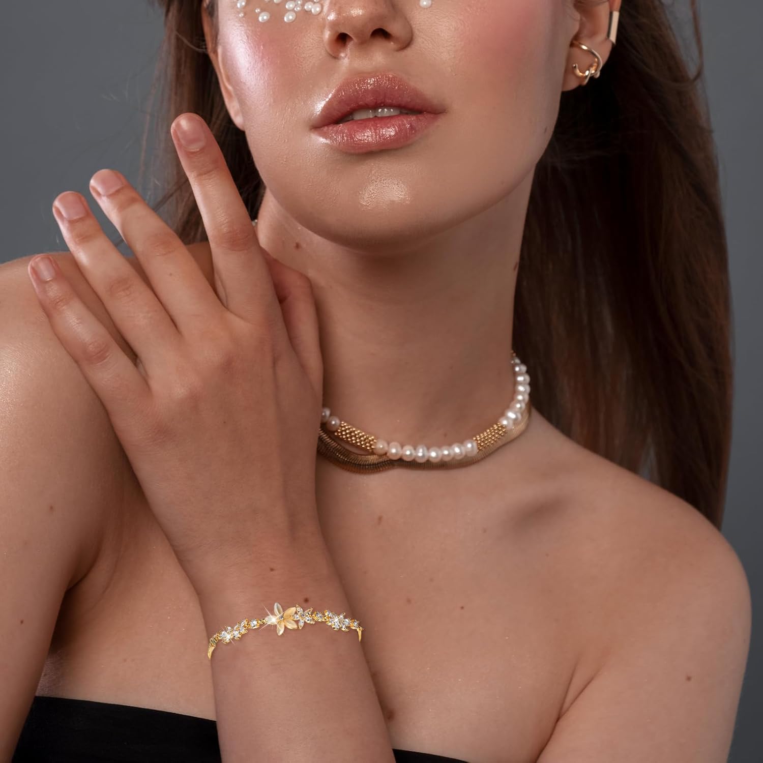Gold Adjustable Bracelets for Women,Dainty Flower Bracelet Rhinestone Slider Floral Bracelet Floral Jewelry Adjustable Bridesmaid Bracelets Jewelry Gift - Image 3