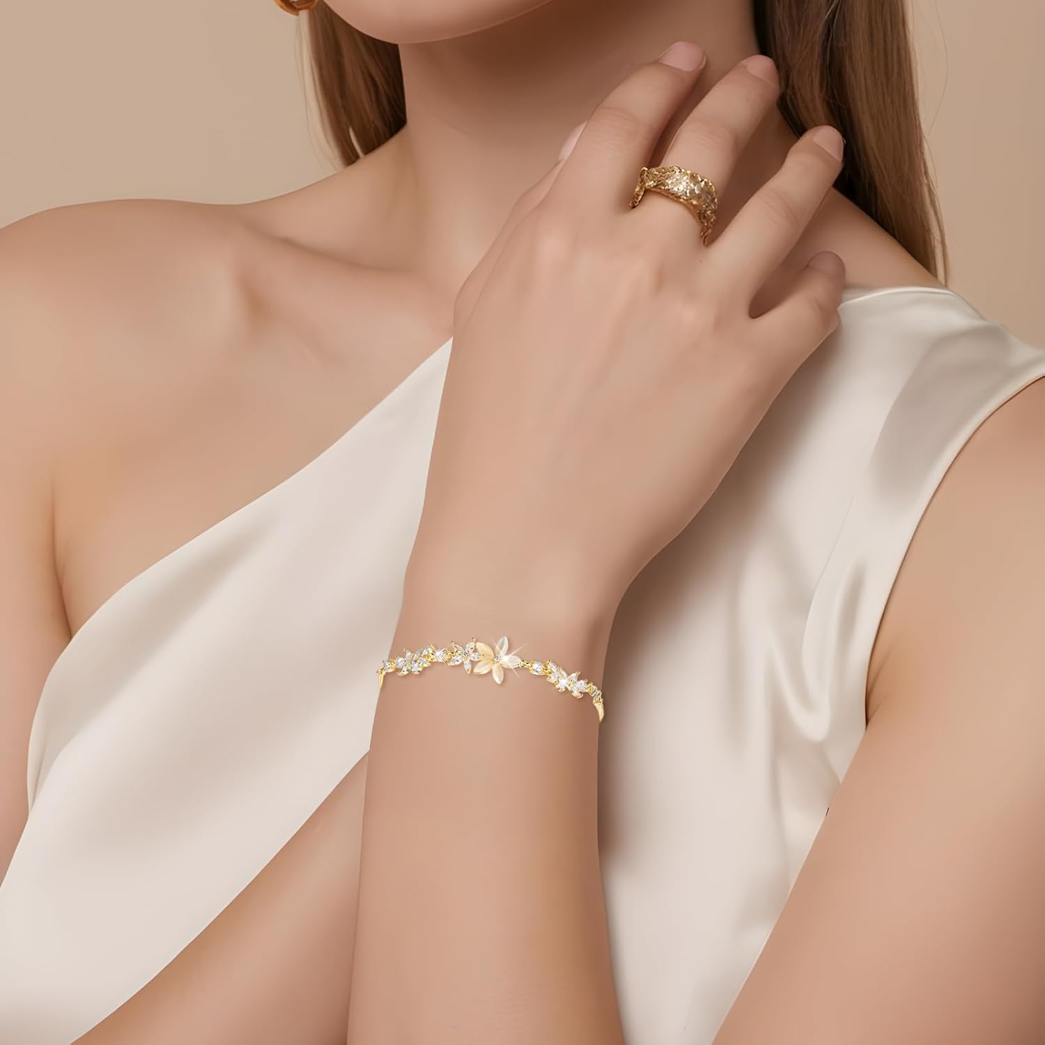 Gold Adjustable Bracelets for Women,Dainty Flower Bracelet Rhinestone Slider Floral Bracelet Floral Jewelry Adjustable Bridesmaid Bracelets Jewelry Gift - Image 4