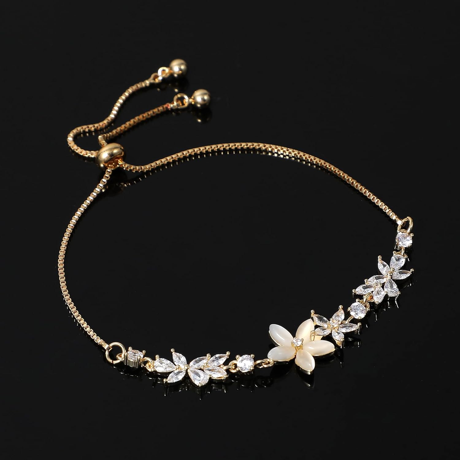 Gold Adjustable Bracelets for Women,Dainty Flower Bracelet Rhinestone Slider Floral Bracelet Floral Jewelry Adjustable Bridesmaid Bracelets Jewelry Gift - Image 6