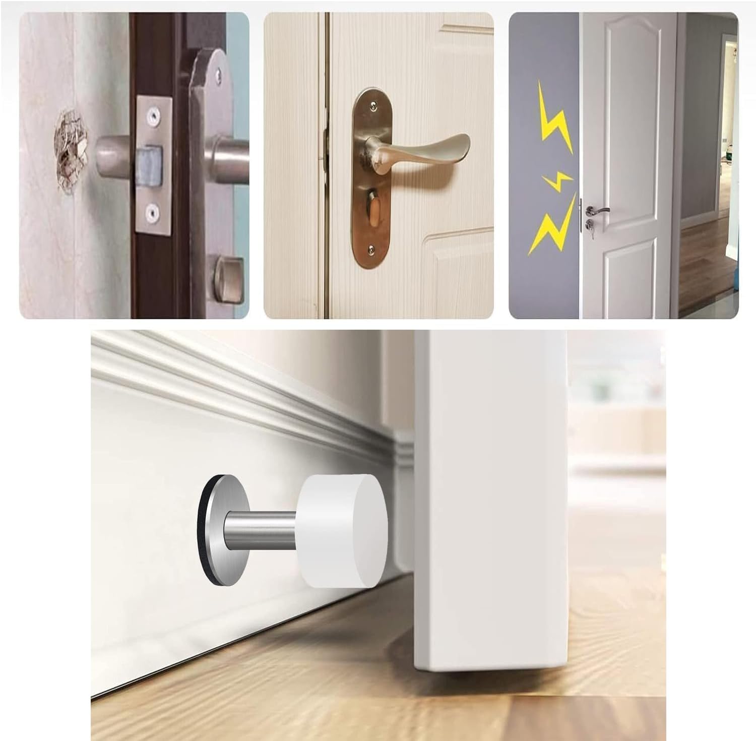 Door Stoppers with Extra Stickers, Self-Adhesive Door Stop with White Rubber & Stainless Steel Body - Sound Dampening Door Bumpers for Home & Office, Door stoppers for Bottom of Door (Medium-2.56inch) - Image 1